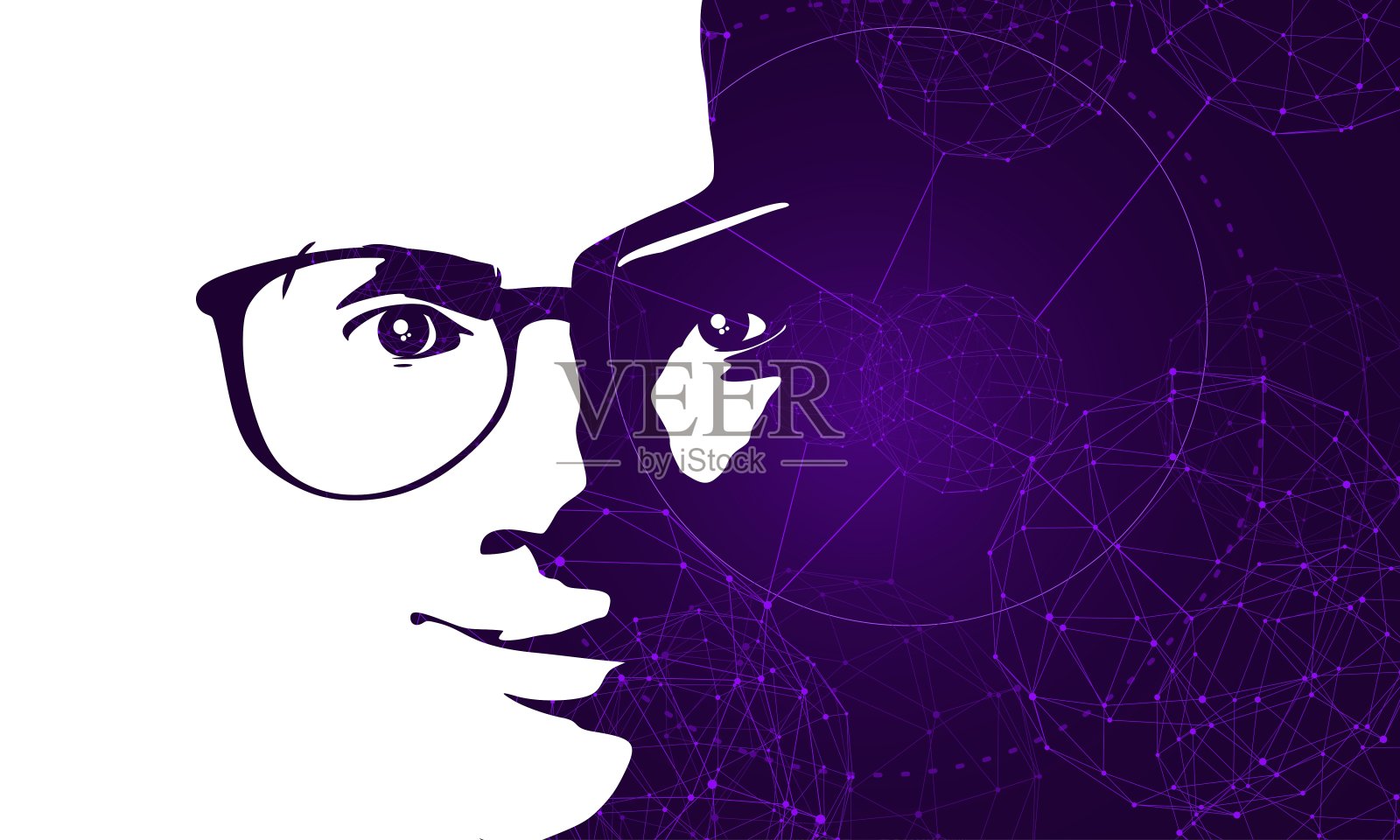 女性头部轮廓和科学未来背景。插画图片素材