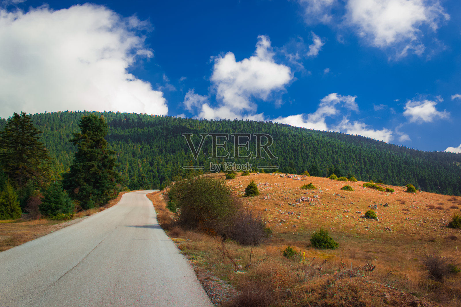 风景如画的巴尔干地区的乡村风景，沿着石山小沥青路干燥的草甸到绿色的山地森林国家公园地带，在秋天九月晴朗的天气季节的白天时间照片摄影图片