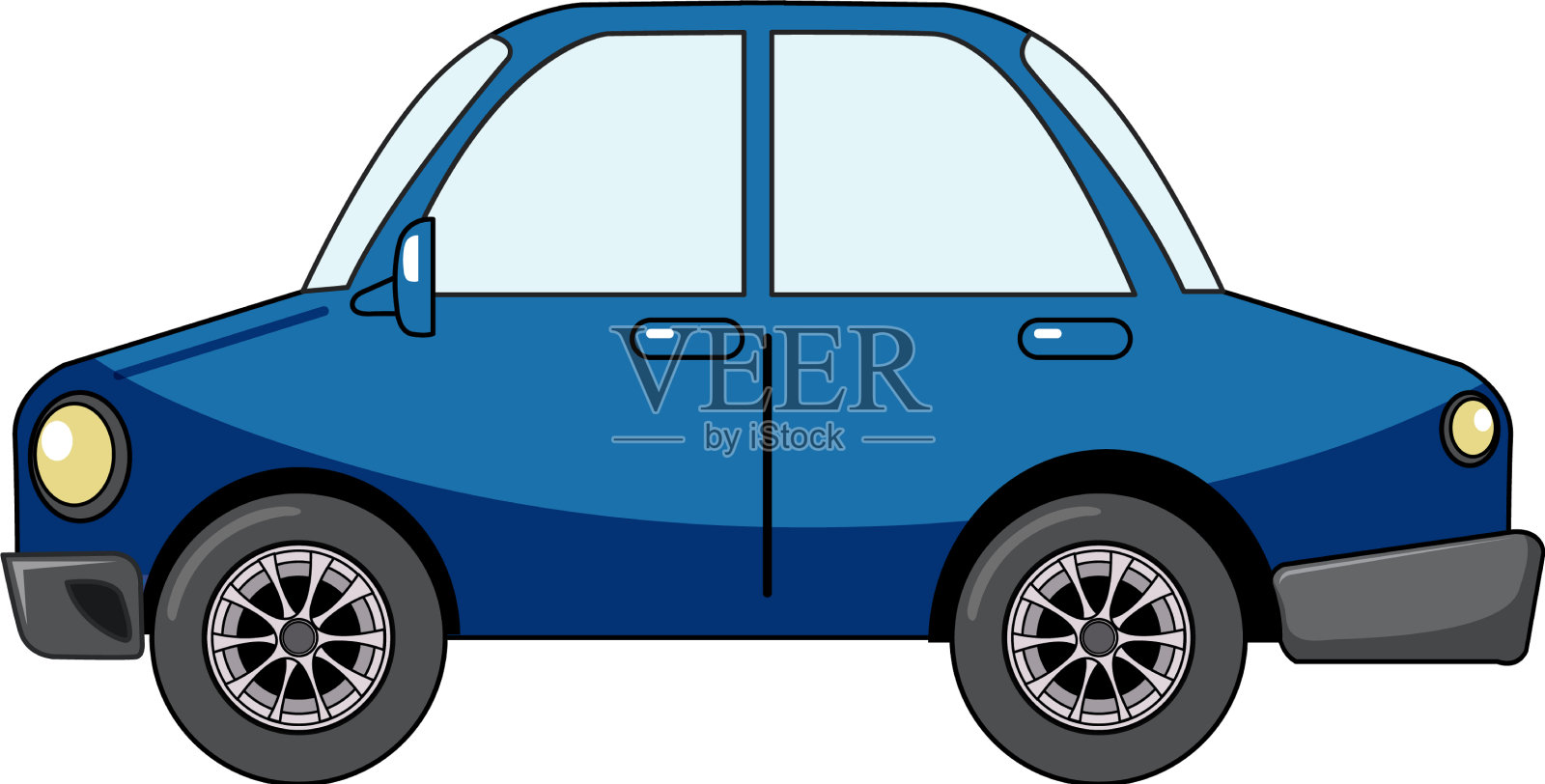 蓝色轿车在卡通风格上孤立在白色上设计元素图片
