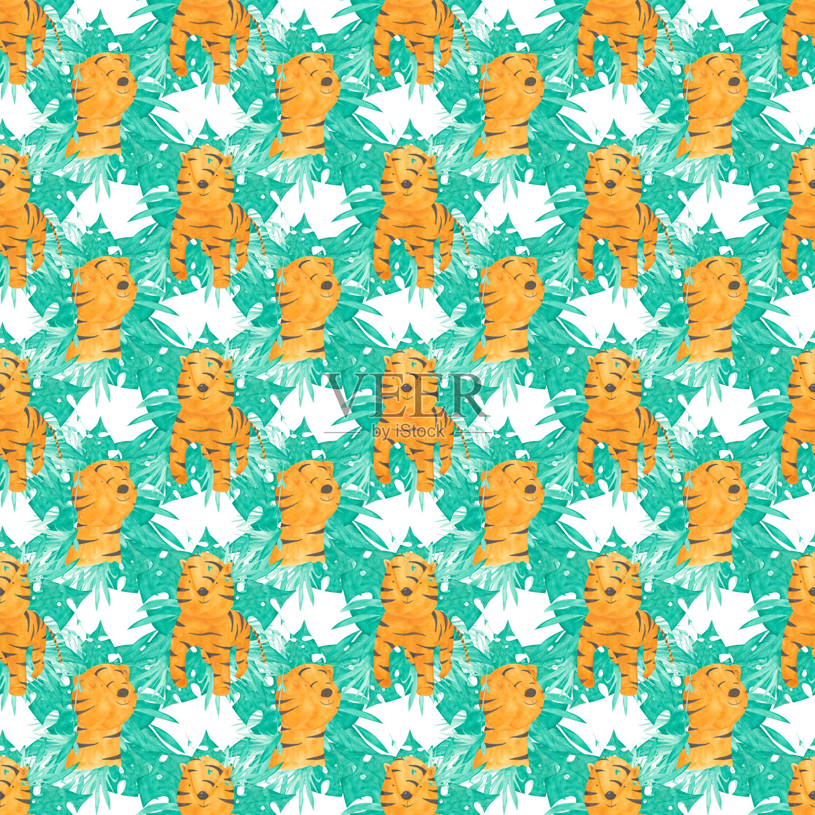 水彩老虎和热带树叶无缝模式上的白色背景。一只手画的老虎幼崽，印得没完没了。非洲动物壁纸。可爱的野生动物插图。动物园打印。插画图片素材