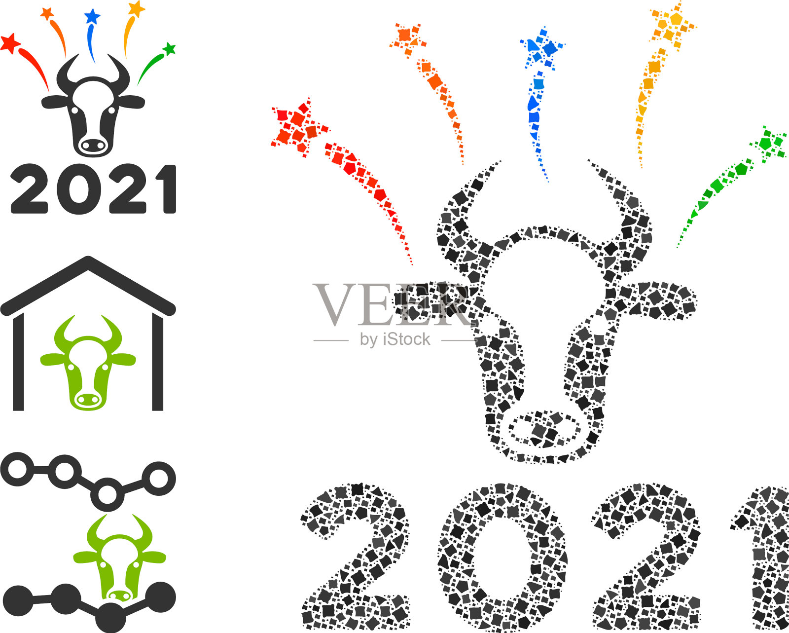 不平等的2021年公牛烟花图标拼贴插画图片素材