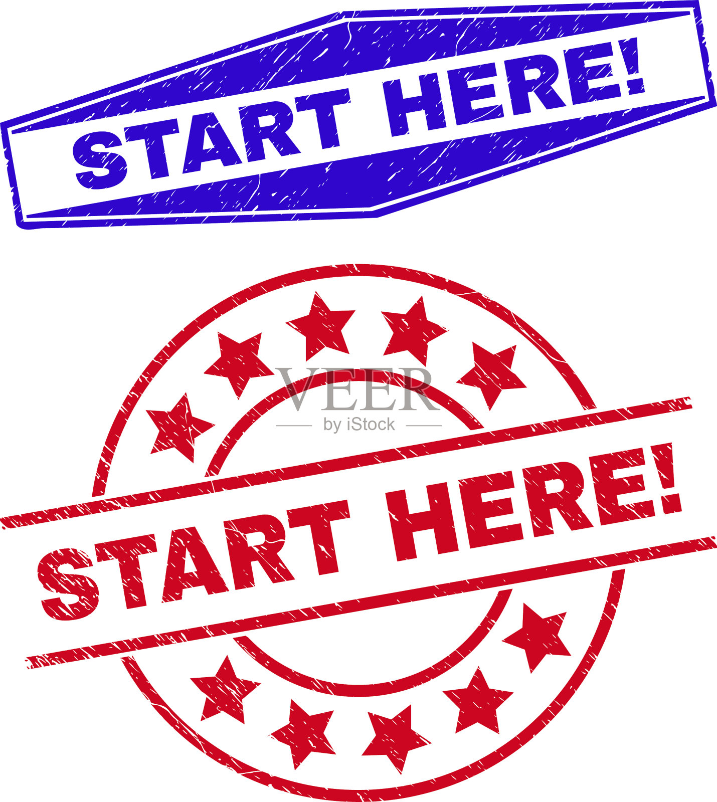 从这里开始，在圆圈里感叹腐蚀的徽章插画图片素材