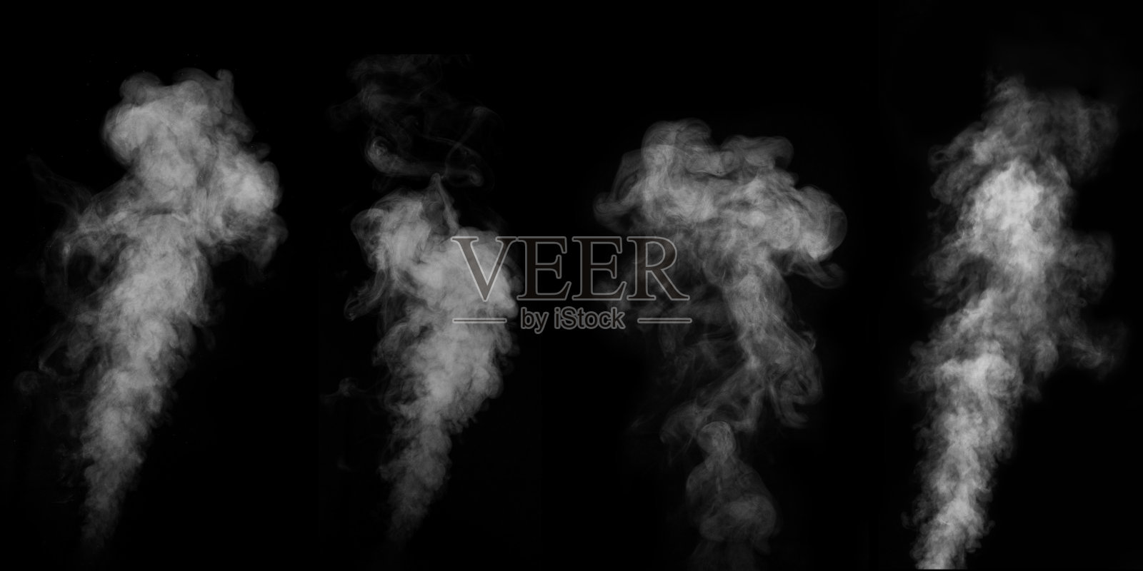 一套完美的四种不同的神秘卷曲白色蒸汽或烟雾的黑色背景。抽象的雾或烟雾背景，万圣节的设计元素，布局拼贴。照片摄影图片