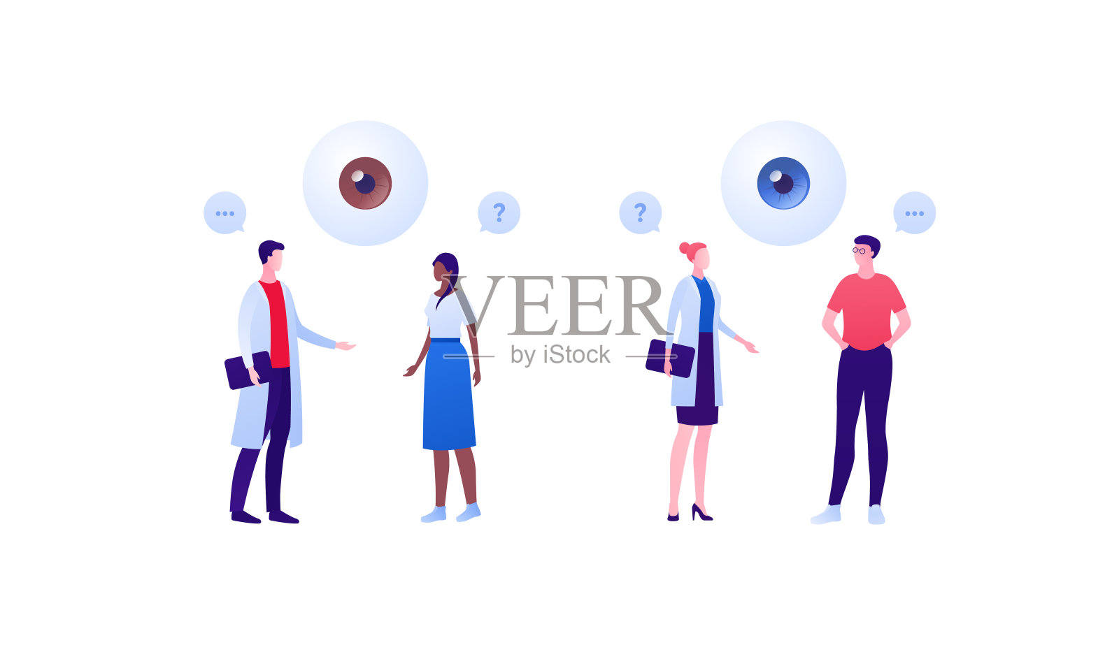 眼科和眼病概念。矢量平面医疗保健插图集。男、女医生和病人性格上的预约隔离上白。为卫生保健设计。插画图片素材