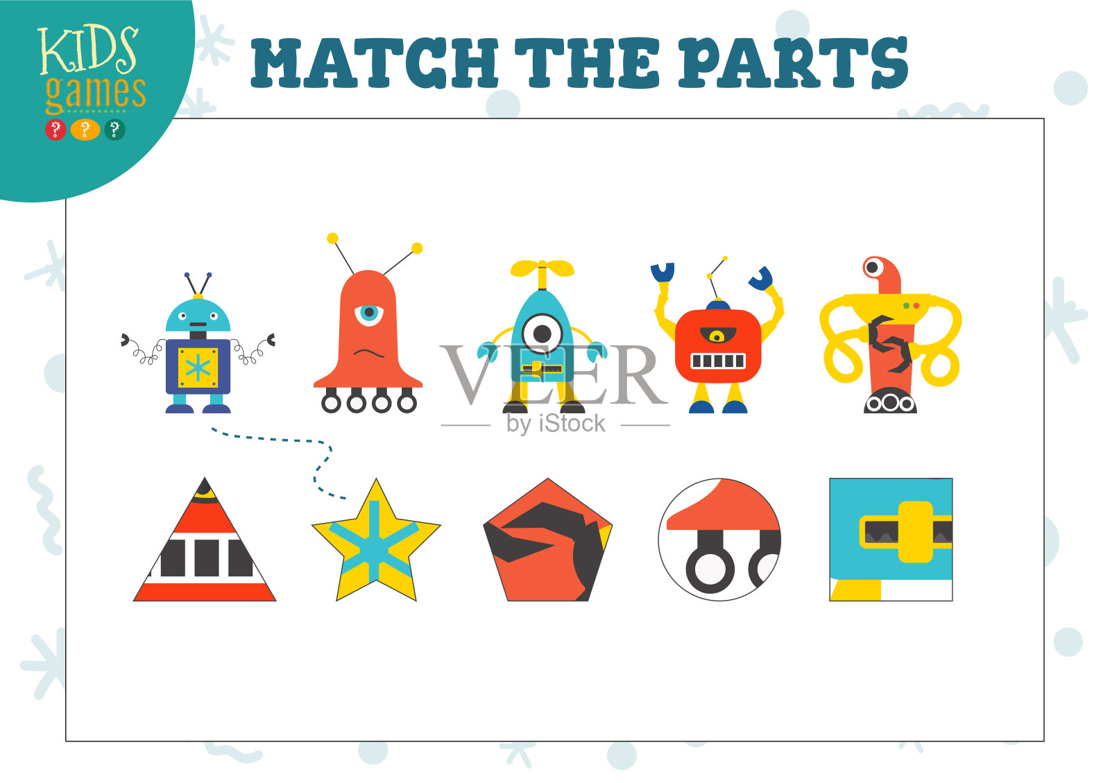 向量迷你游戏表与可爱的机器人。学龄前或幼儿园儿童的教育插图插画图片素材