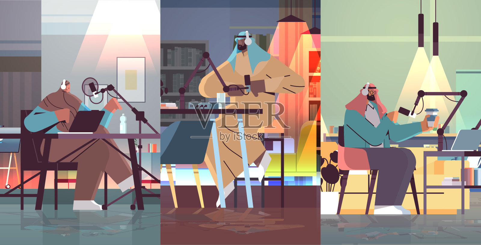 设置阿拉伯播客谈话麦克风录制视频博客在工作室播客在线广播直播流设计模板素材