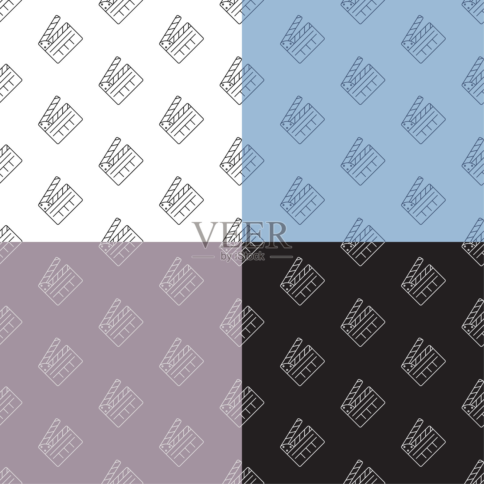 一套无缝模式与拍板拍摄电影在开放的位置。用于在织物上装饰和印刷的装饰物。设计元素。向量插画图片素材