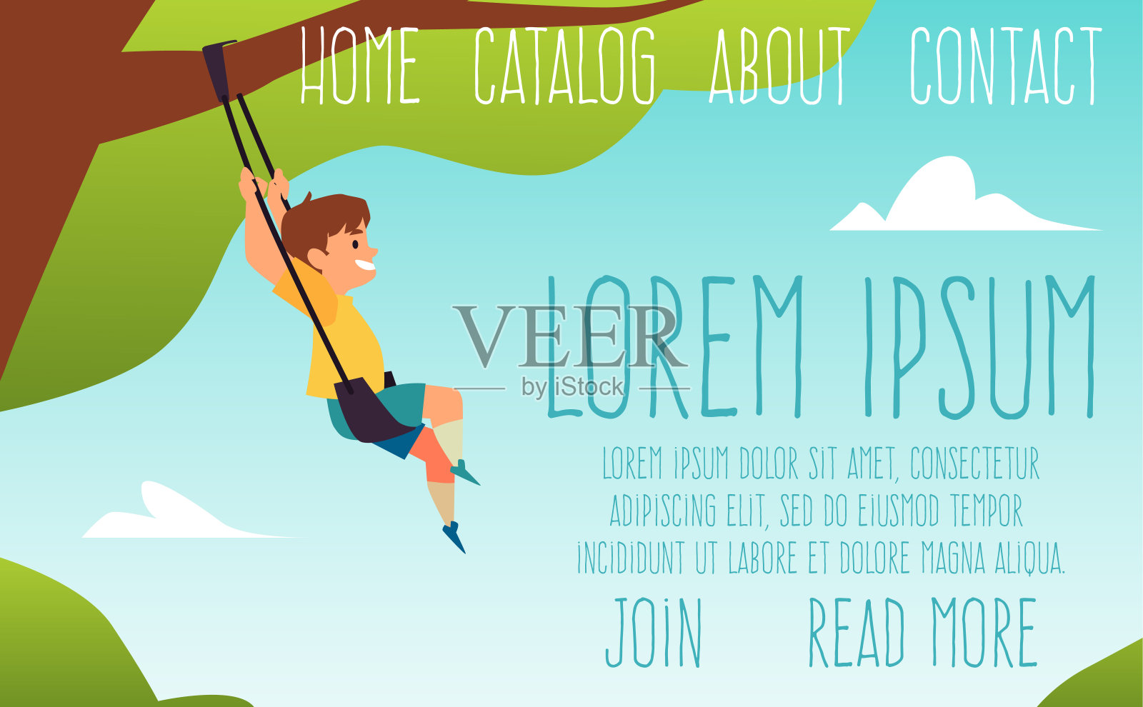 快乐的小男孩在公园或操场上玩树绳秋千。插画图片素材