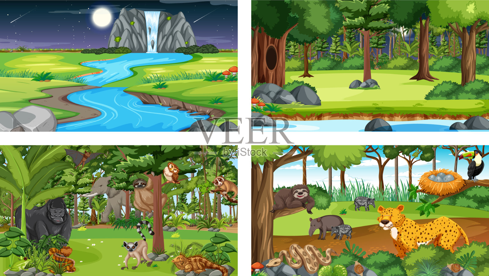 设置不同的森林水平场景插画图片素材