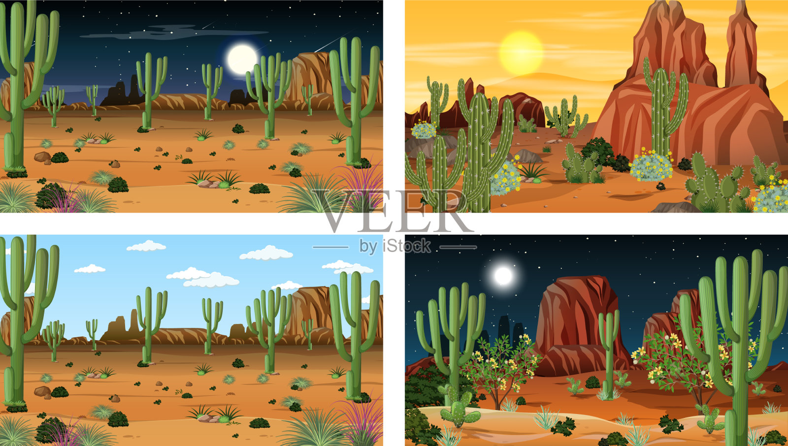 四种不同的沙漠森林景观场景插画图片素材