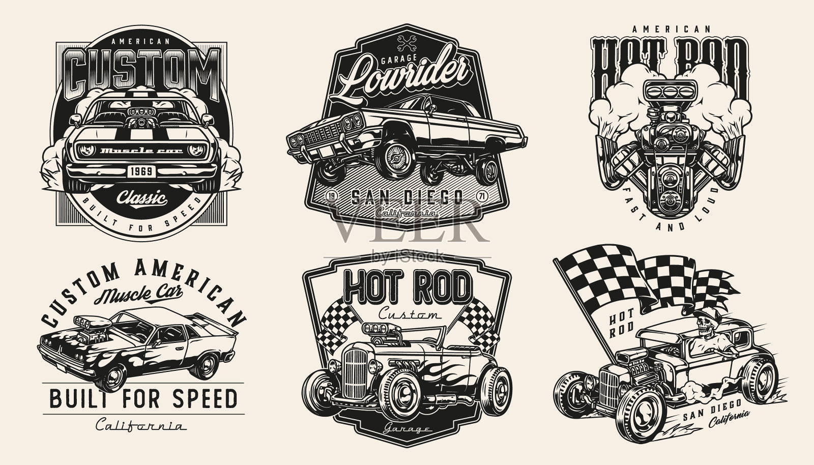 复古定制汽车，单色标志插画图片素材