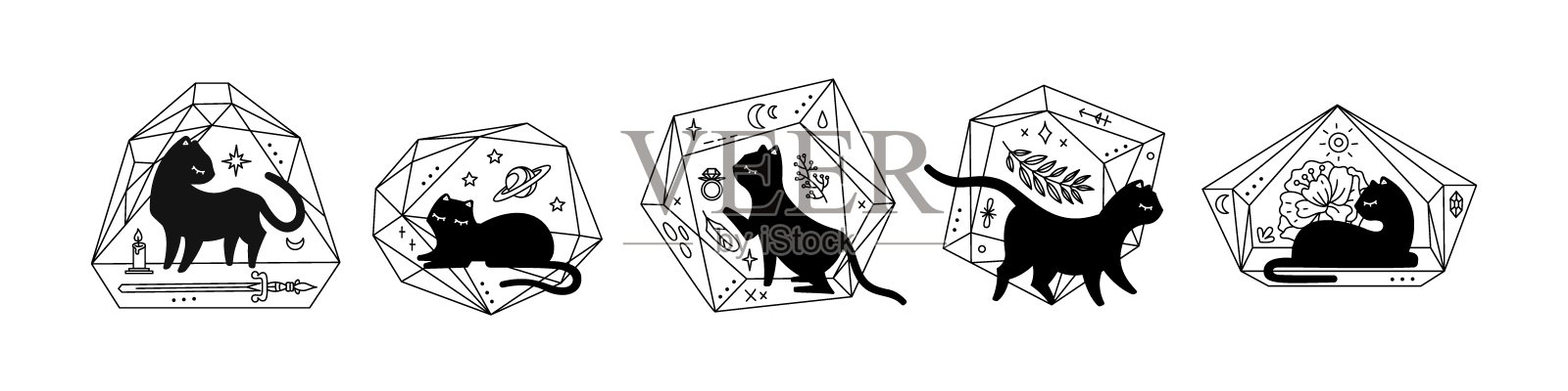 黑色魔法猫在水晶花房，设置不同的姿势，可爱的猫剪影。黑色插图孤立在白色背景插画图片素材