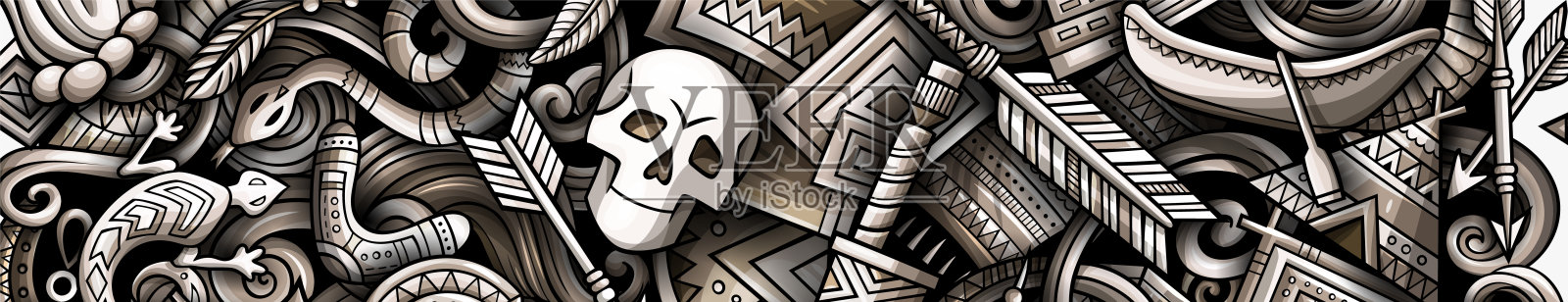 印第安人手绘涂鸦横幅。卡通矢量详细传单。插画图片素材