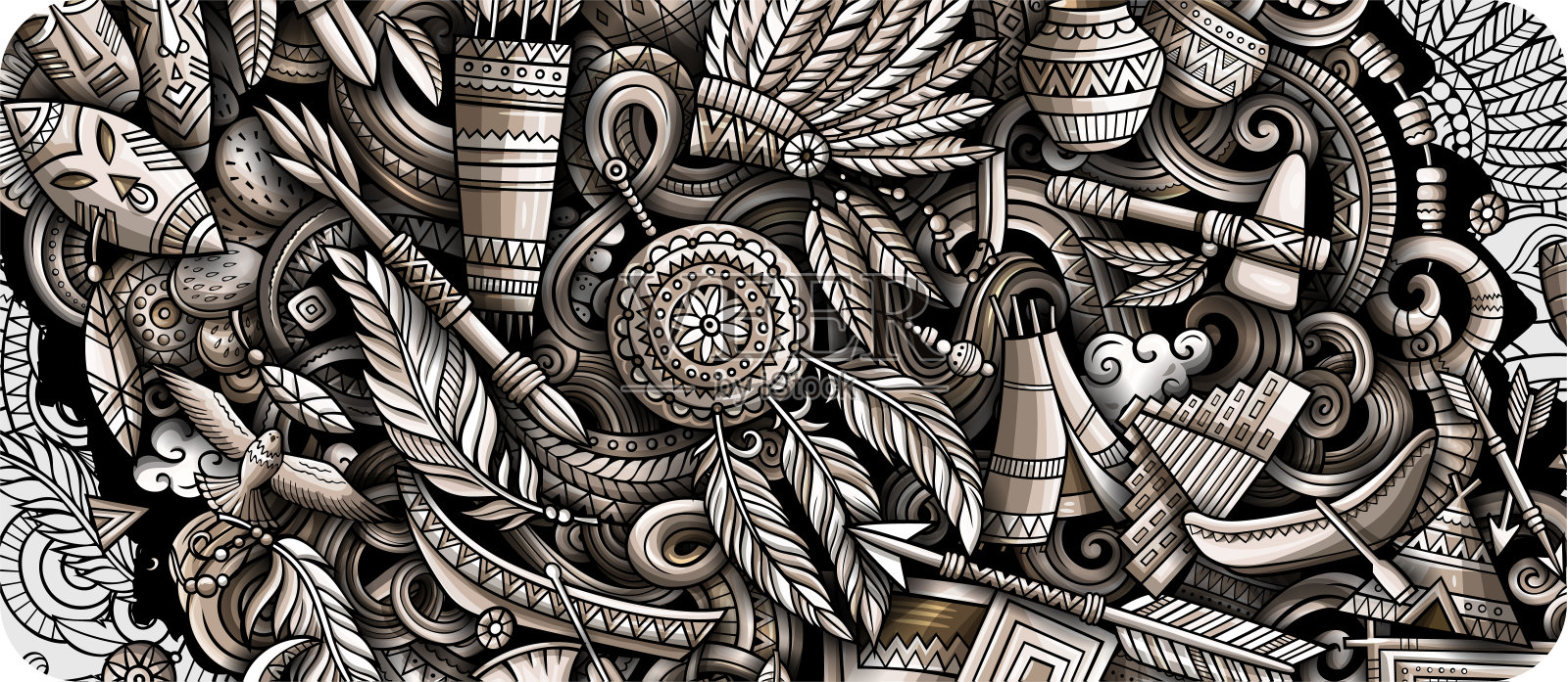 印第安人手绘涂鸦横幅。卡通矢量详细传单。插画图片素材