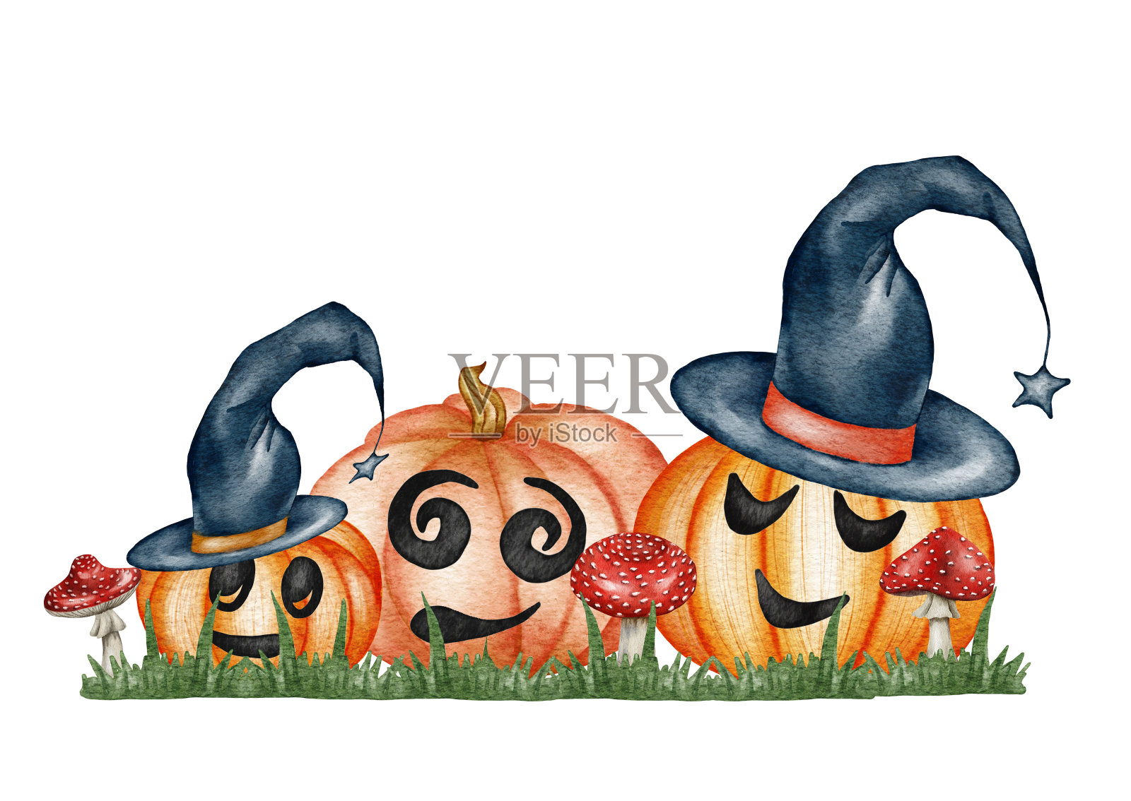 水彩画插图，万圣节南瓜戴帽子，派对元素设置孤立在白色背景插画图片素材