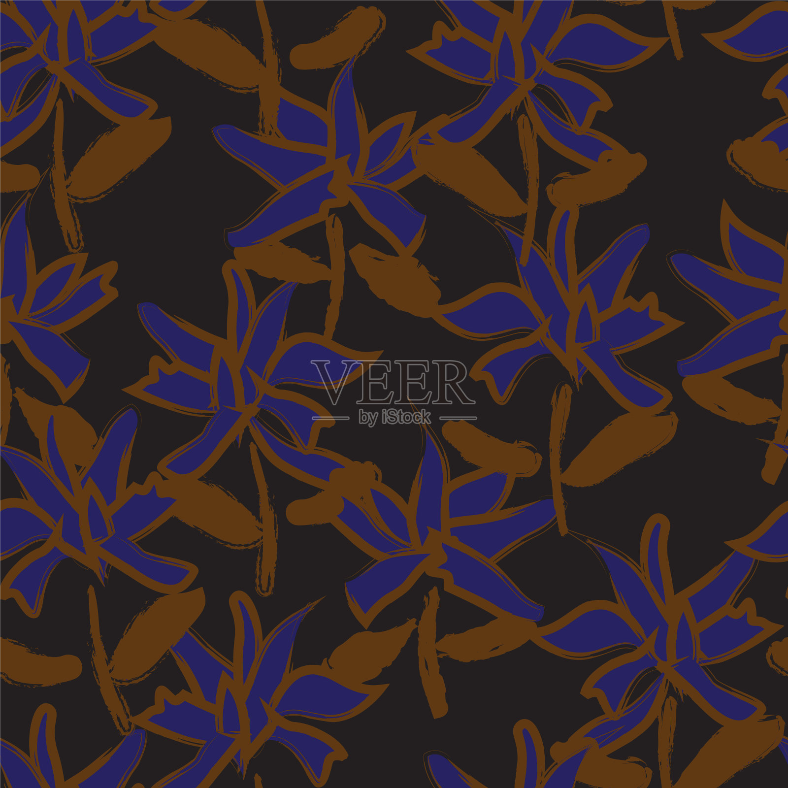 蓝色花卉笔触无缝图案插画图片素材