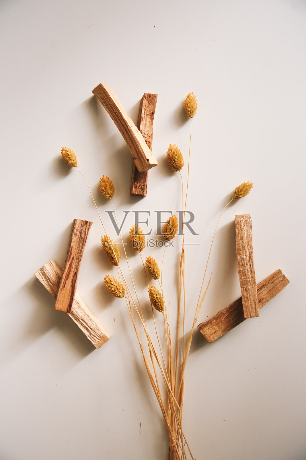 天然香，白圣人和帕罗桑托。南美洲神圣的树，彩色广场照片。白鼠尾草和帕洛桑托白色背景。照片摄影图片