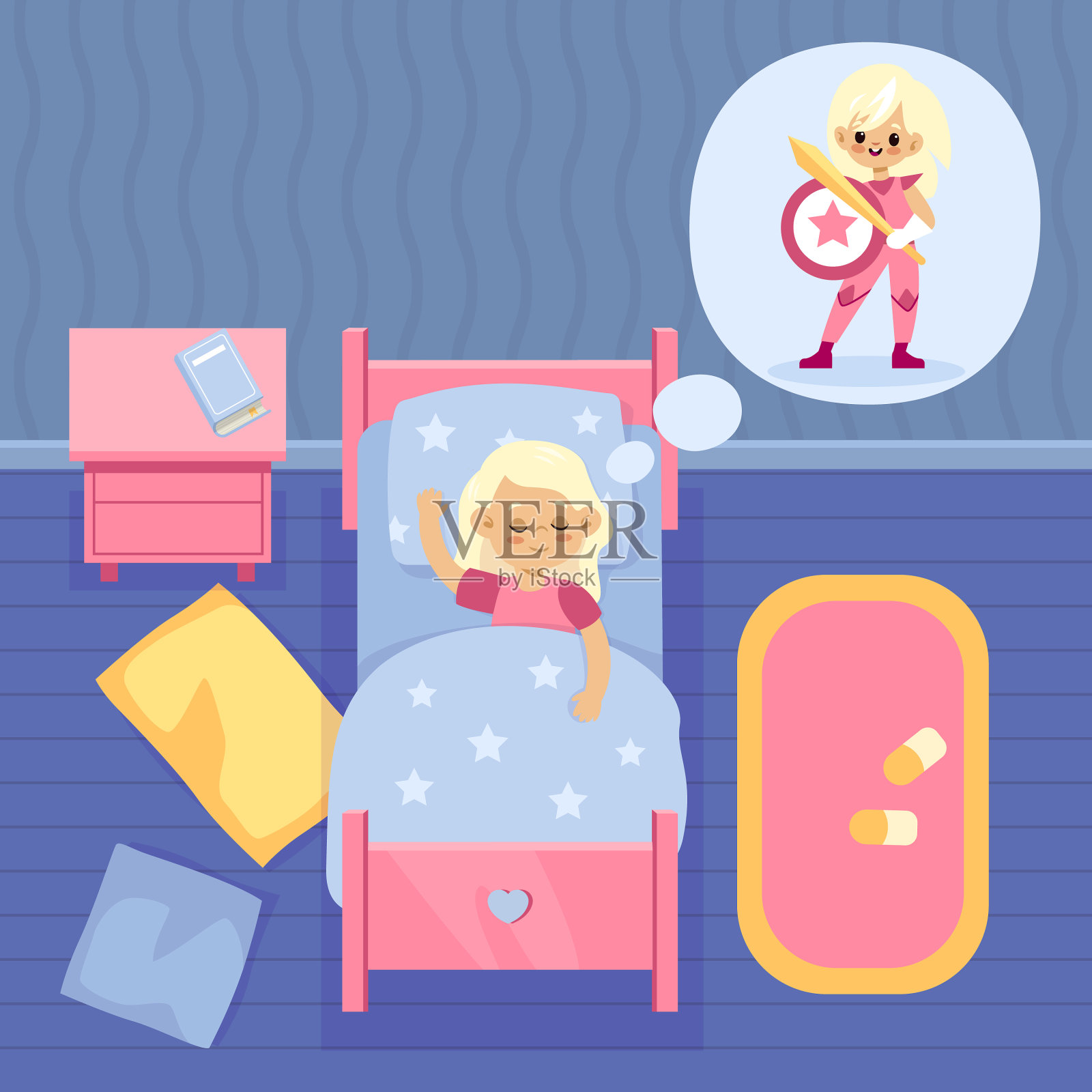 女孩梦想卡通孩子睡觉和做梦插画图片素材