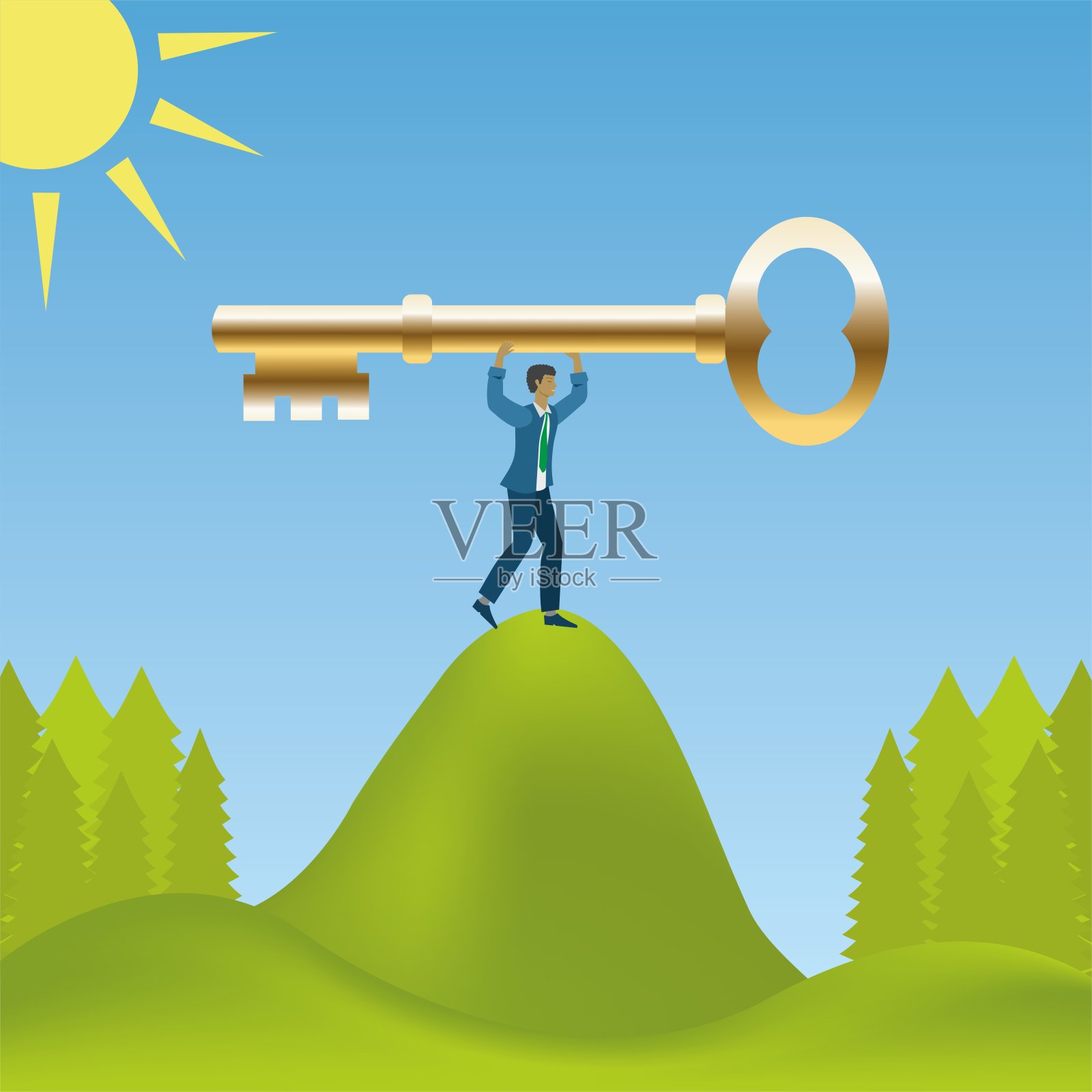 用金钥匙登上山顶，通往成功的钥匙矢量插图插画图片素材