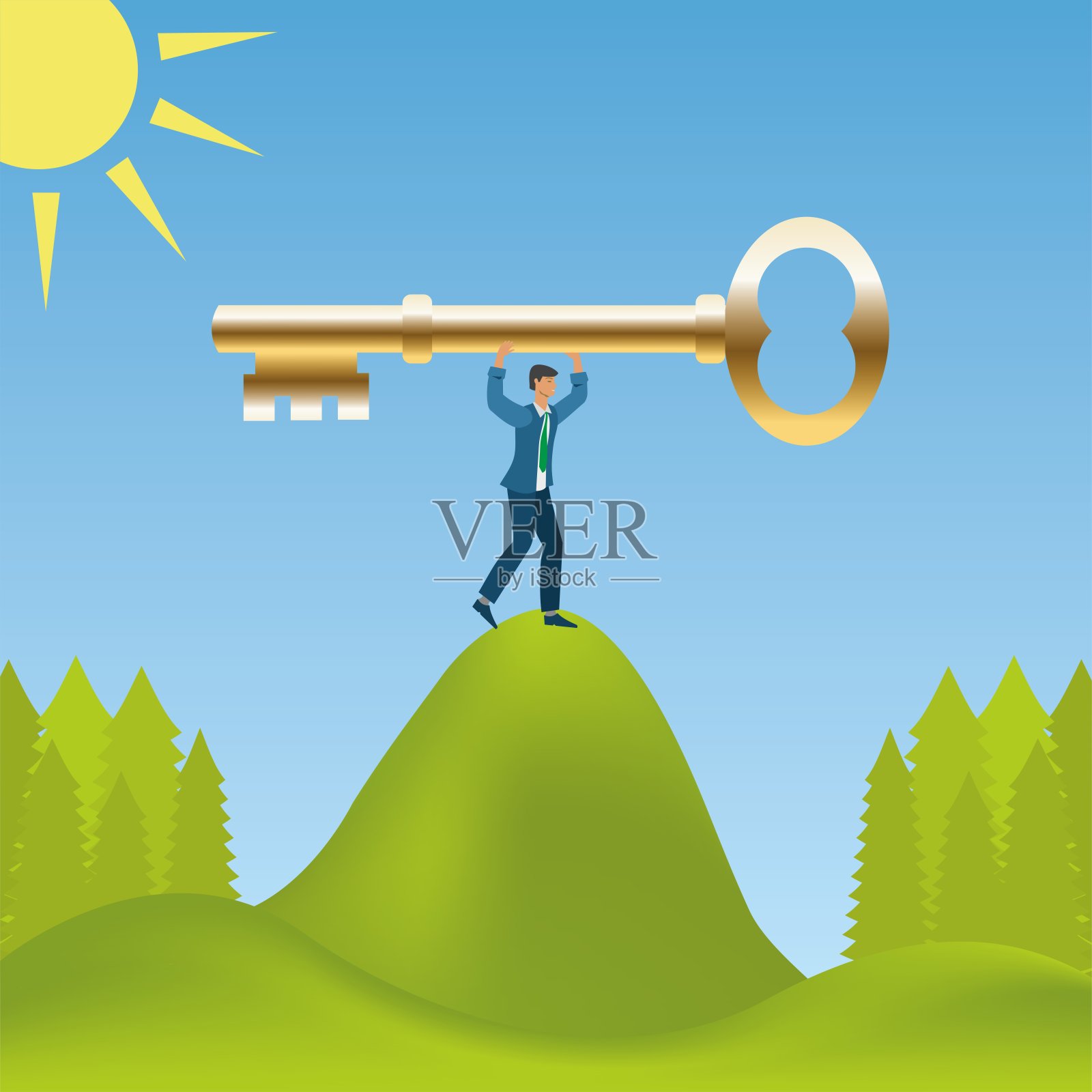 用金钥匙登上山顶，通往成功的钥匙矢量插图插画图片素材