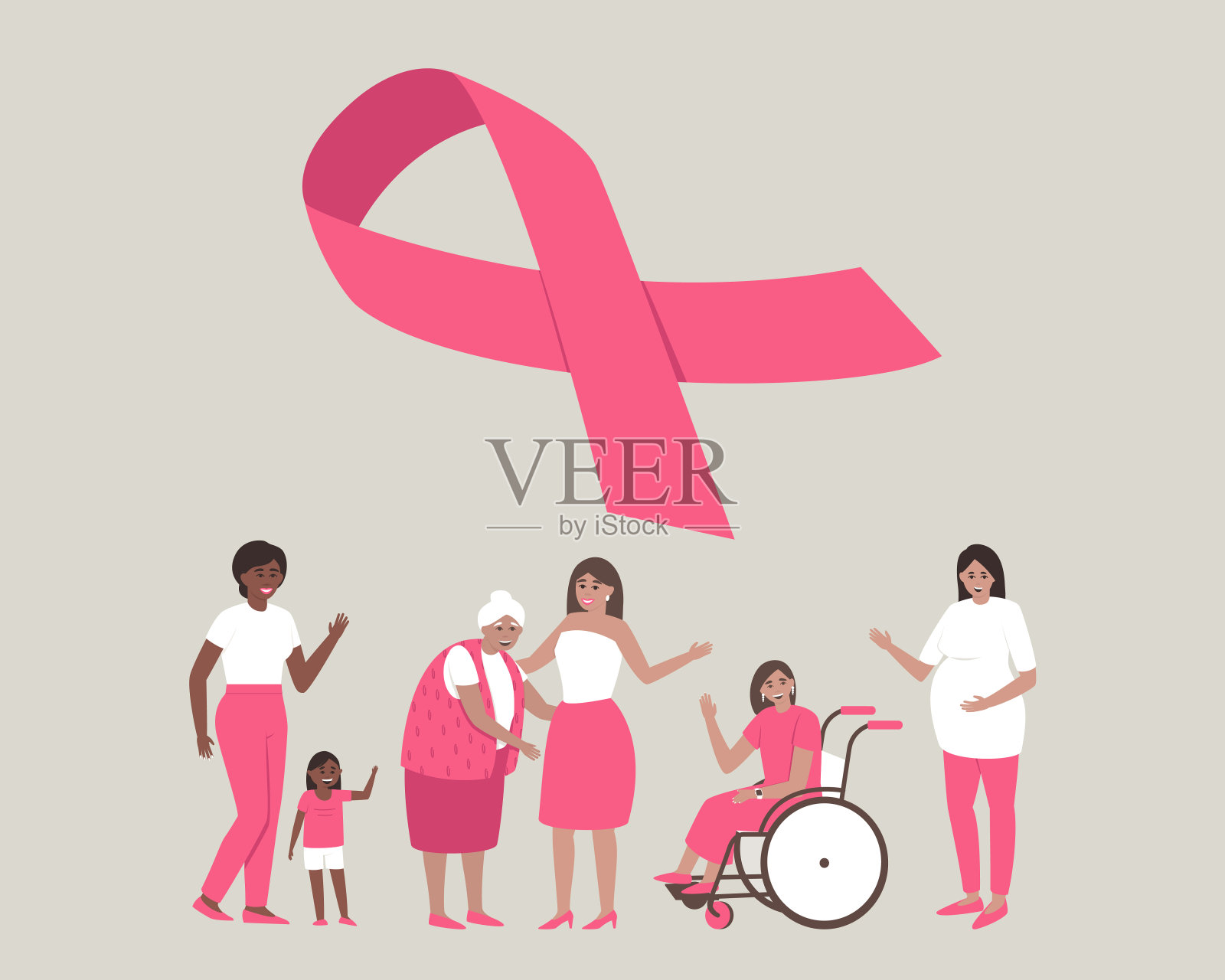 横幅上有各种各样的女人，靠近粉红色的丝带插画图片素材