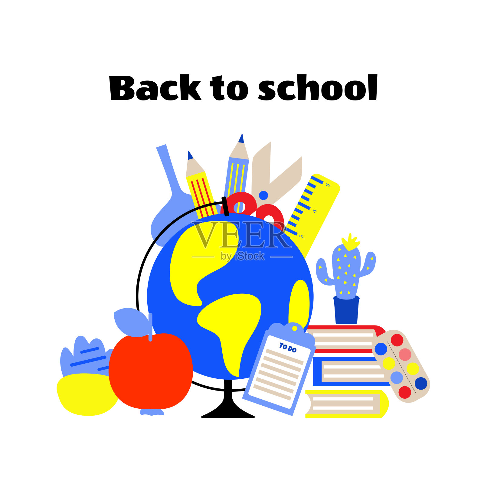回到学校庆祝活动。地球仪配有书、水彩、铅笔等文具。教育设计理念。向量插画图片素材