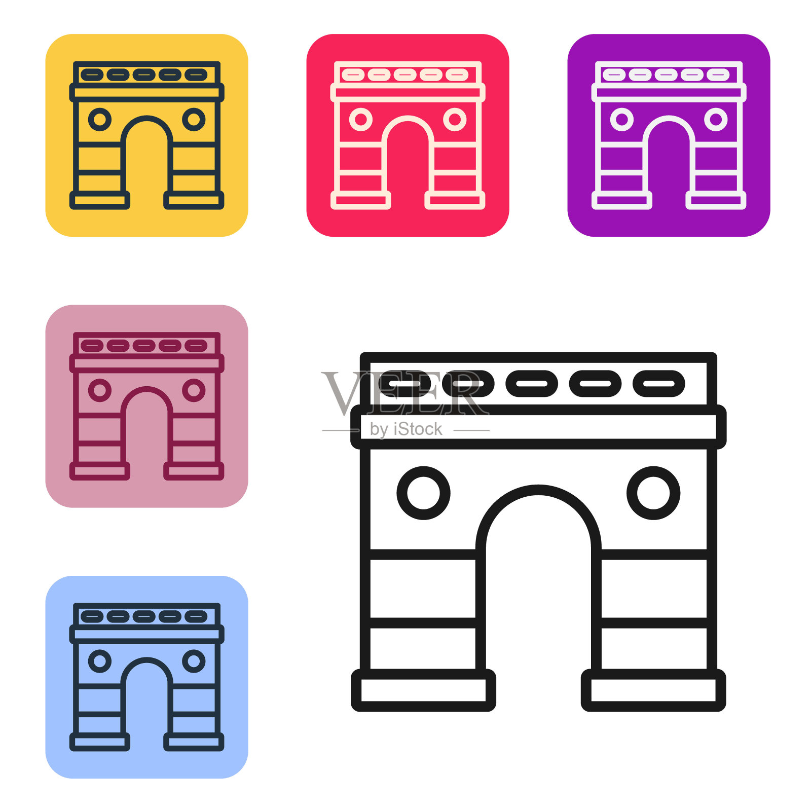 黑线凯旋门图标孤立在白色背景。法国巴黎的地标。在彩色方形按钮中设置图标。向量图标素材