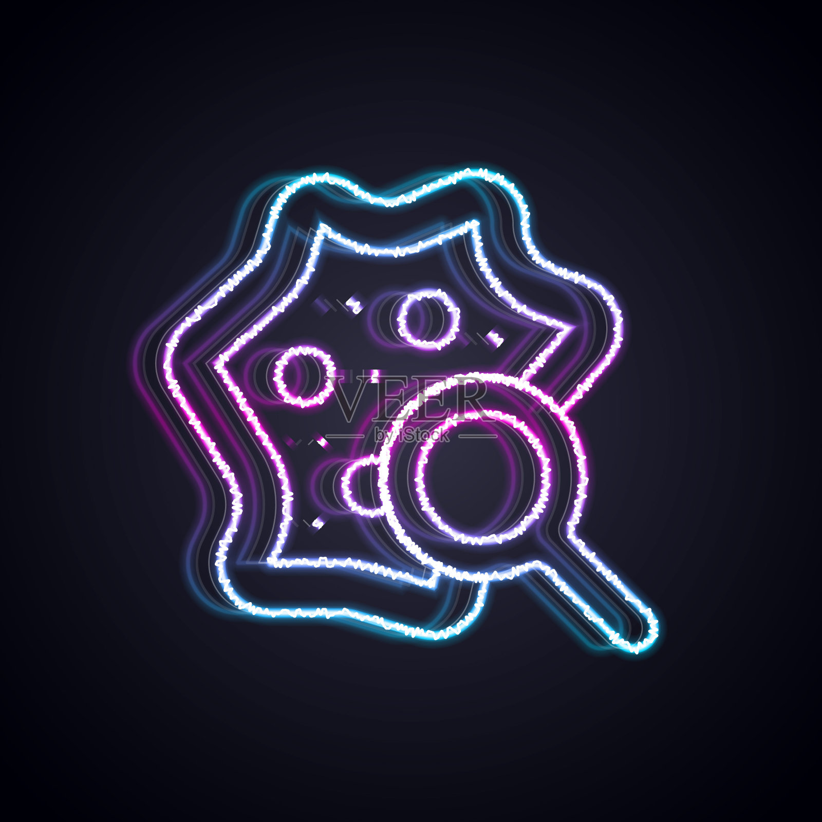 发光的霓虹灯线微生物在放大镜图标下隔离在黑色背景。细菌和病菌，细胞癌症，微生物，病毒，真菌。向量插画图片素材