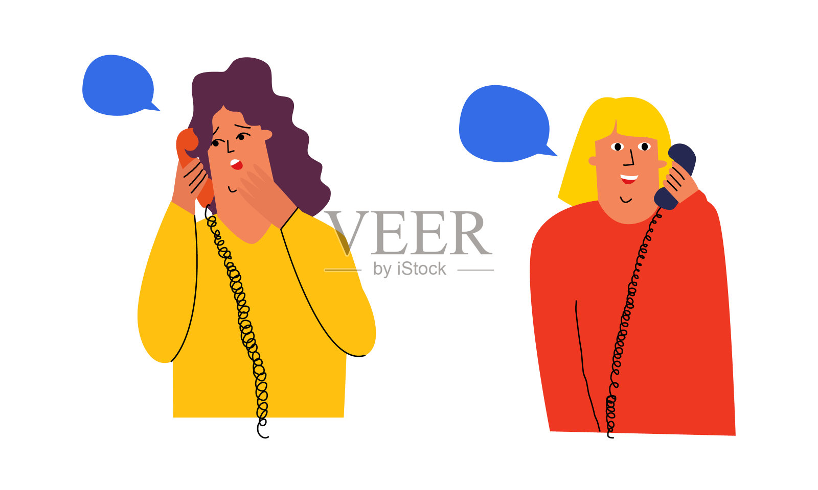 两个女孩在电话里交谈。用固定电话通讯。流言蜚语,秘密谈话。用现代风格手绘的酷人物插画图片素材