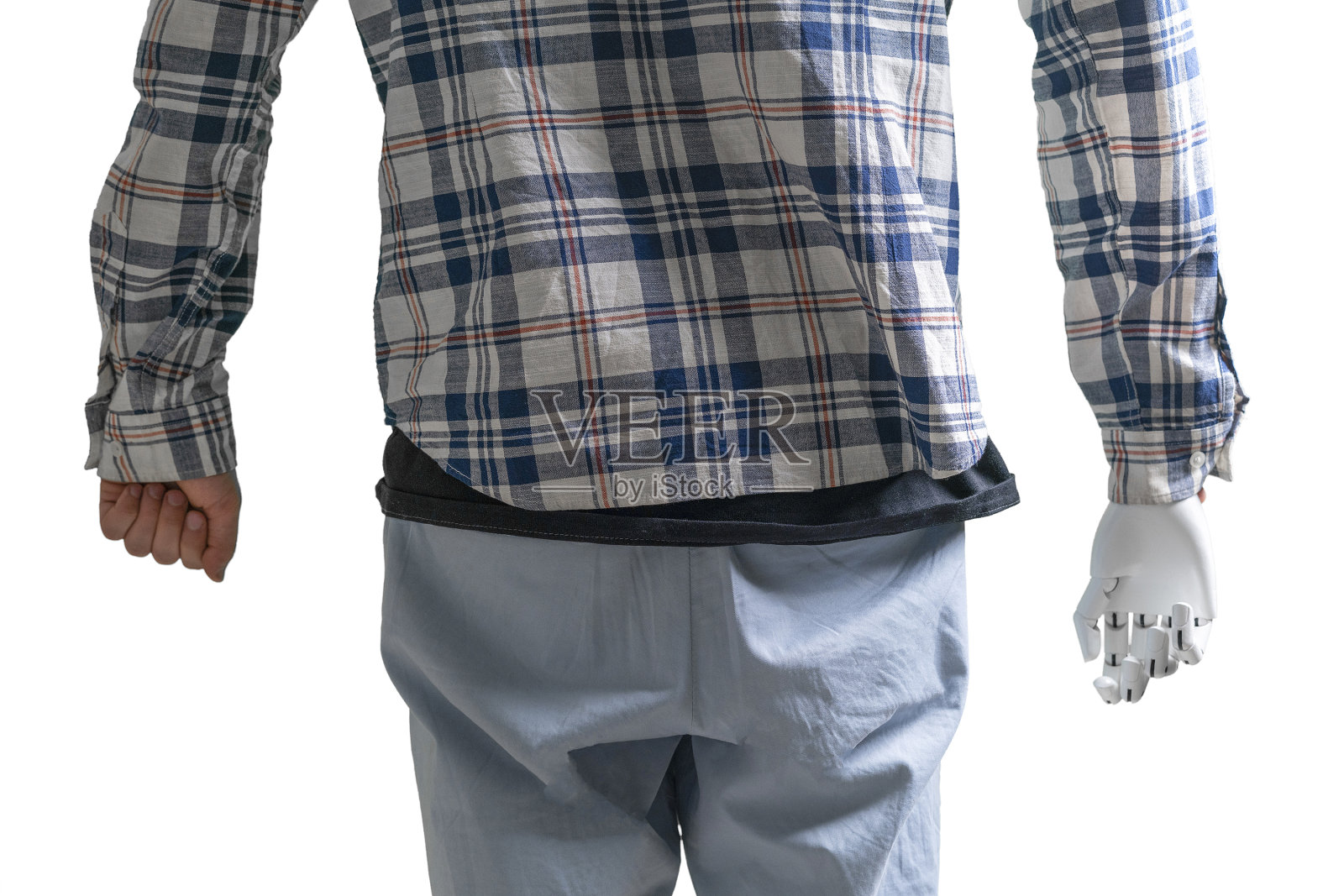 人体测试使用机械手臂假肢，未来技术，隔离白色背景照片摄影图片