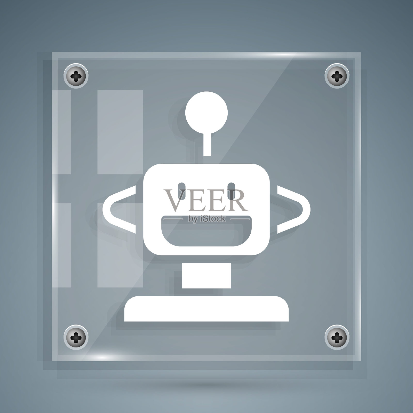 白色机器人玩具图标孤立在灰色背景。方形玻璃面板。向量插画图片素材