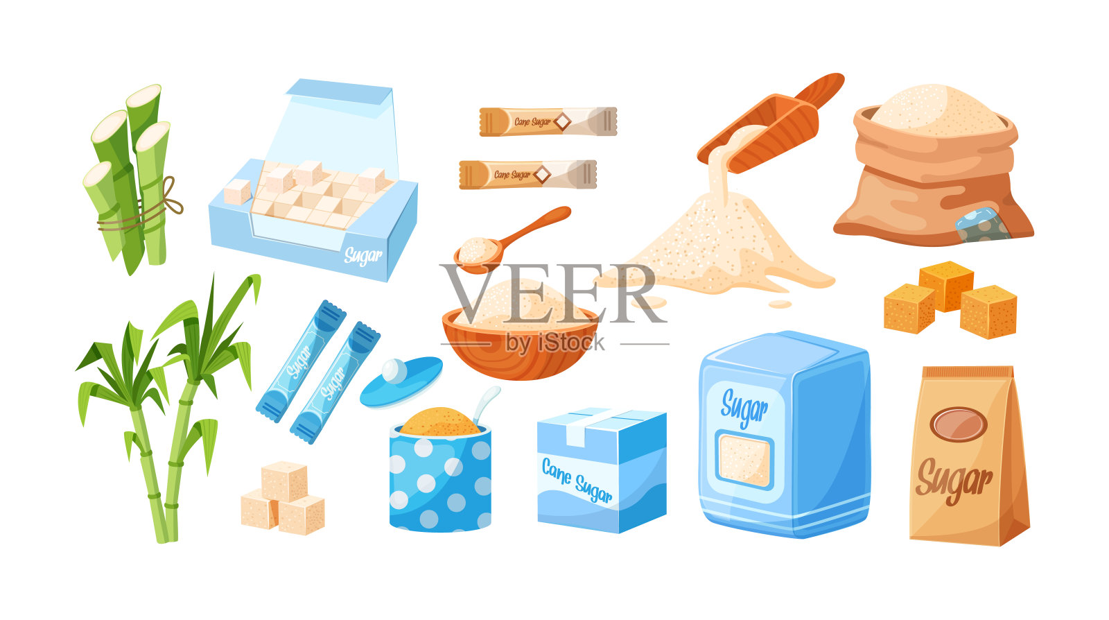 收集蔗糖。甘蔗的产品。种植甜植物，立方体和干燥松散插画图片素材
