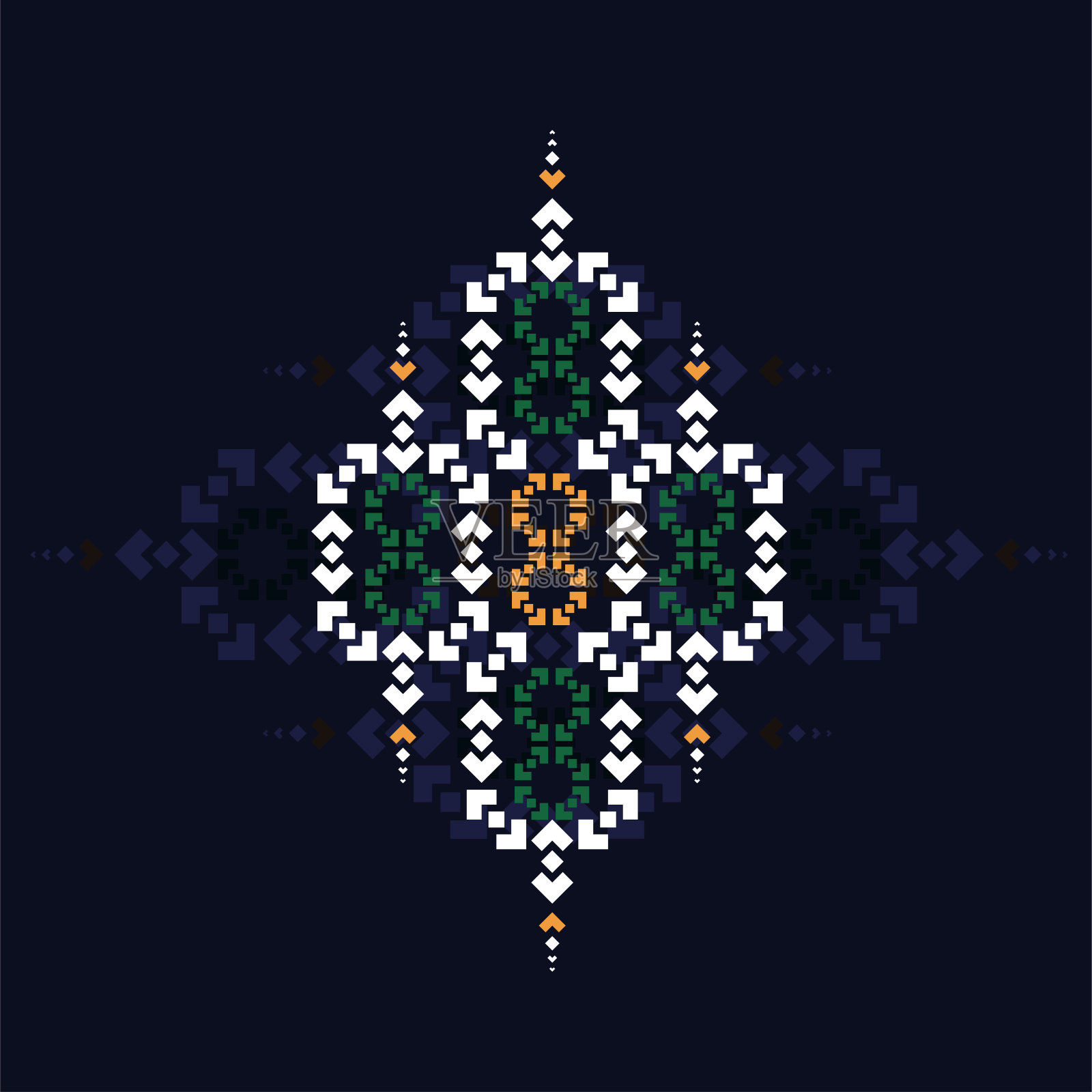 几何民族纹理刺绣设计在深蓝色背景或墙纸和服装，裙子，地毯，墙纸，服装，包装，蜡染，织物，床单深蓝色背景向量，插图。eps插画图片素材