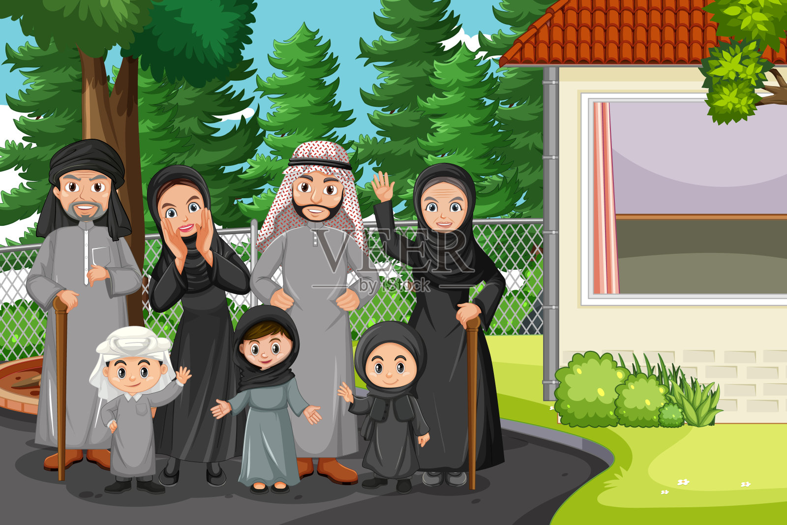 与阿拉伯家庭成员的户外场景插画图片素材