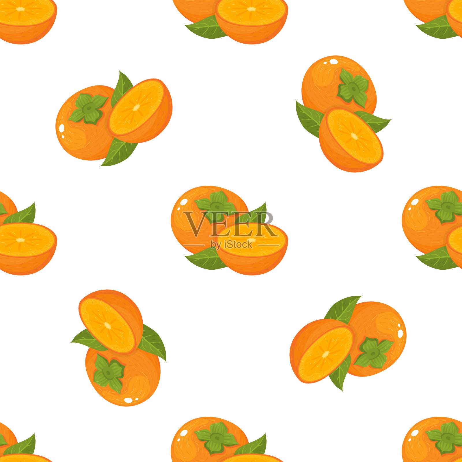 无缝的图案与新鲜明亮的柿子水果隔离在白色的背景。健康生活方式的夏季水果。有机水果。卡通风格。矢量插图的任何设计。插画图片素材