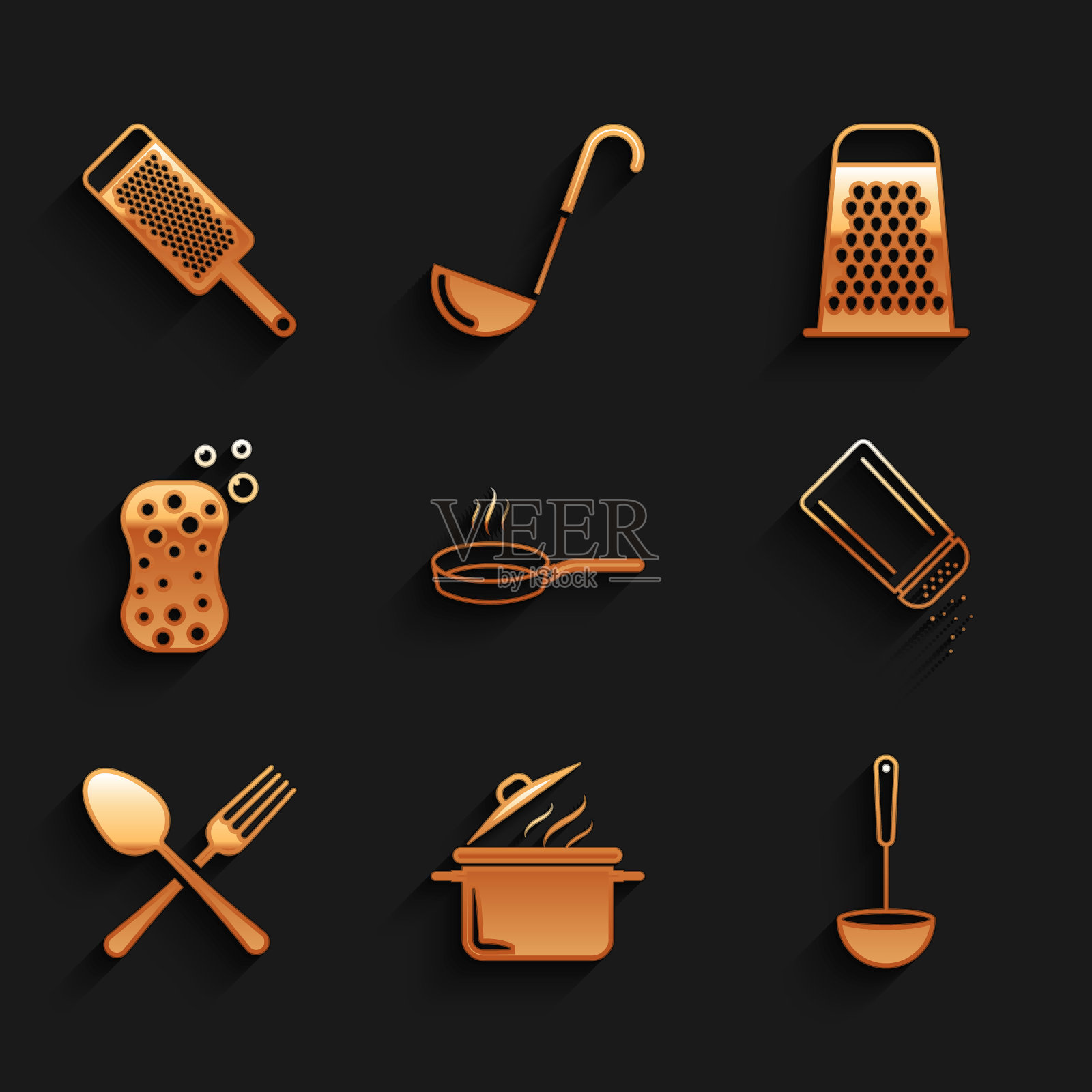 设置煎锅，烹饪锅，厨房勺子，盐和胡椒，交叉叉勺，海绵泡沫，刨丝器和图标。向量图标素材