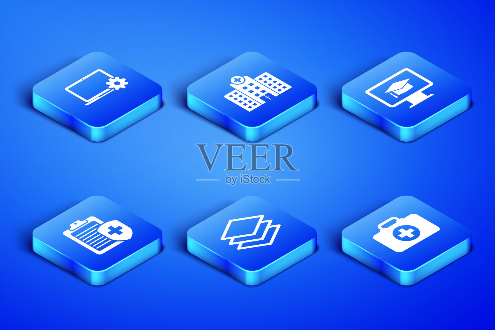 设置急救箱，笔记本电脑和齿轮，层，剪贴板与医疗保险，医疗医院大楼和监视器毕业帽图标。向量图标素材