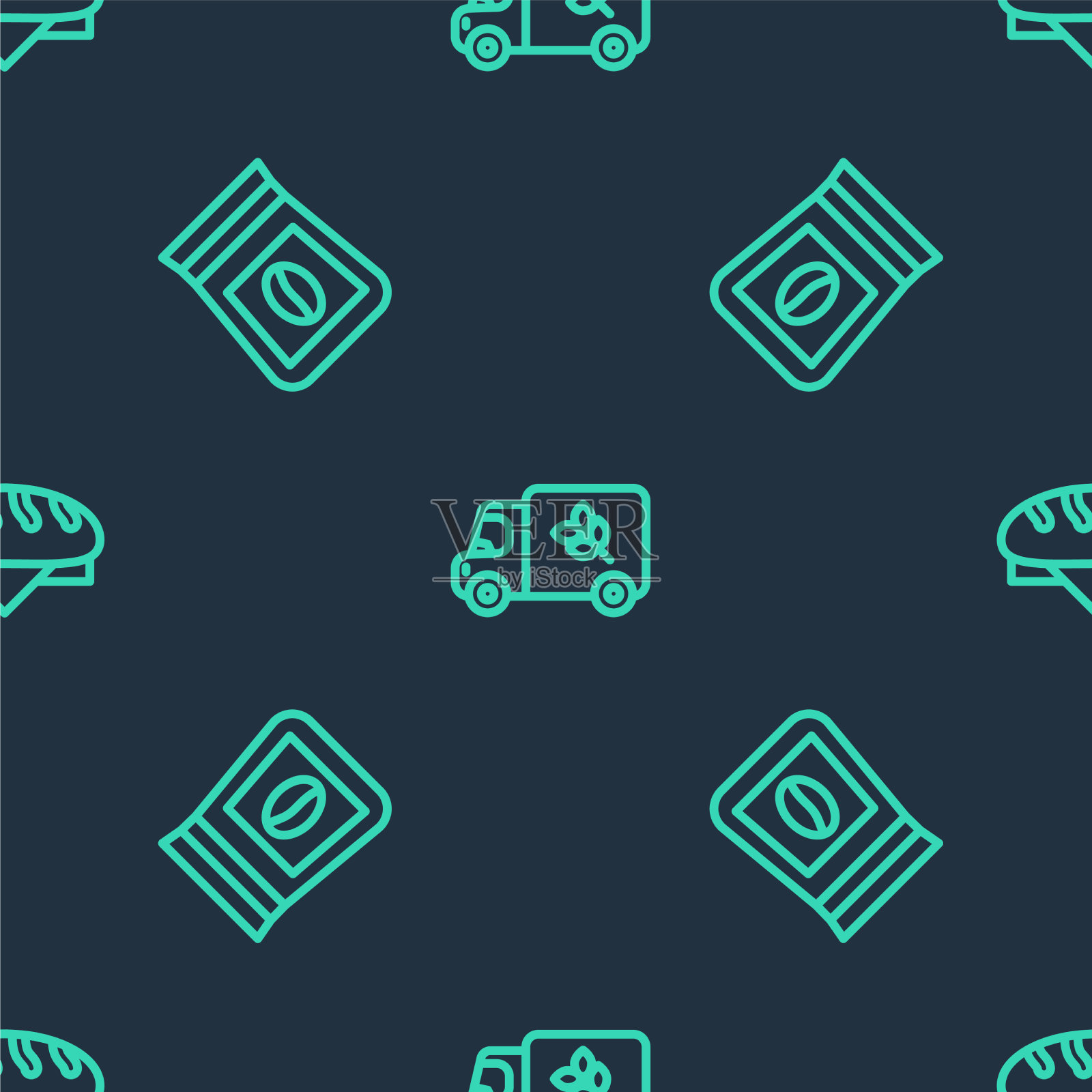 设置线面粉卡车袋咖啡豆和图标素材