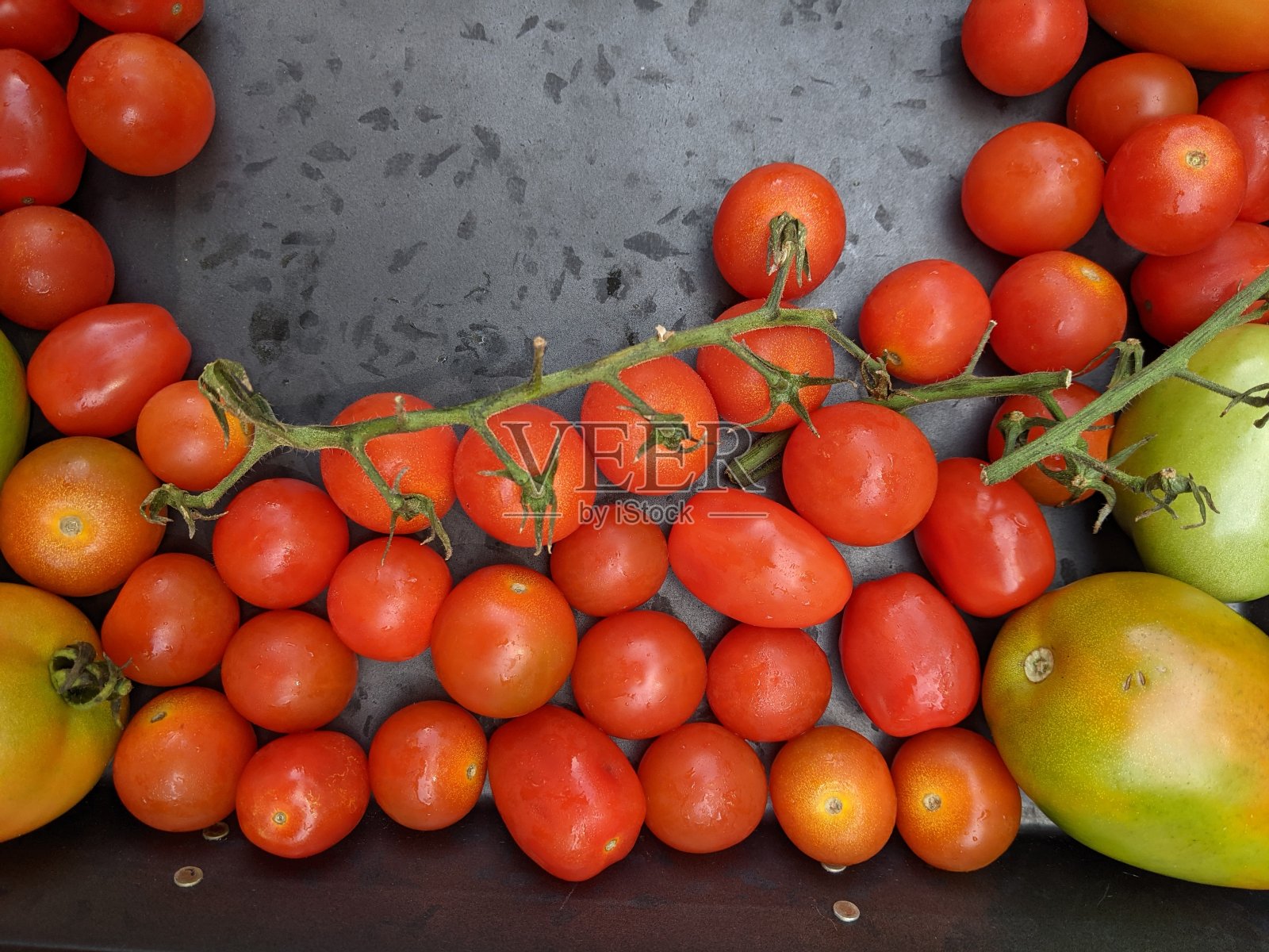 樱桃番茄与罗马番茄在灰色背景与复制空间。照片摄影图片