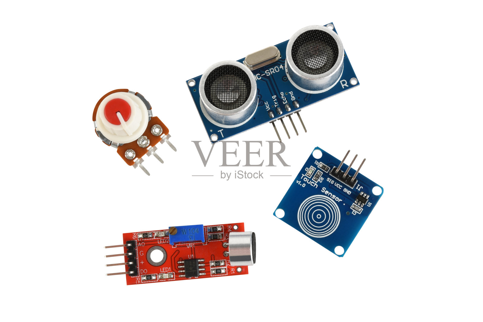 机器人编码传感器(剪切路径)。白色背景上的超声波距离传感器、声音传感器、指纹触摸传感器和电位器照片摄影图片