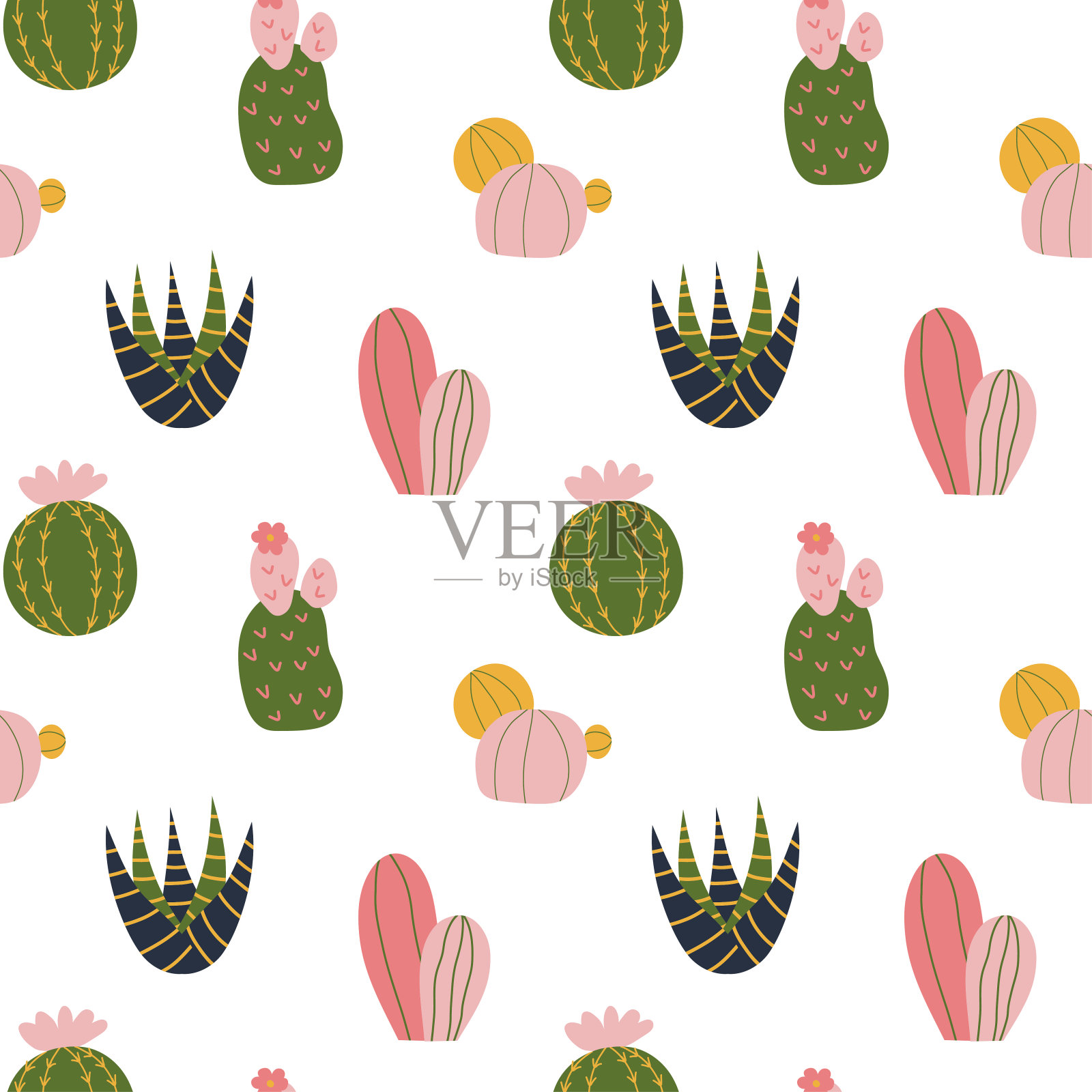 仙人掌无缝图案在可爱的卡通风格。仙人掌有花，黄色、粉红色和绿色的颜色调色板。插画图片素材