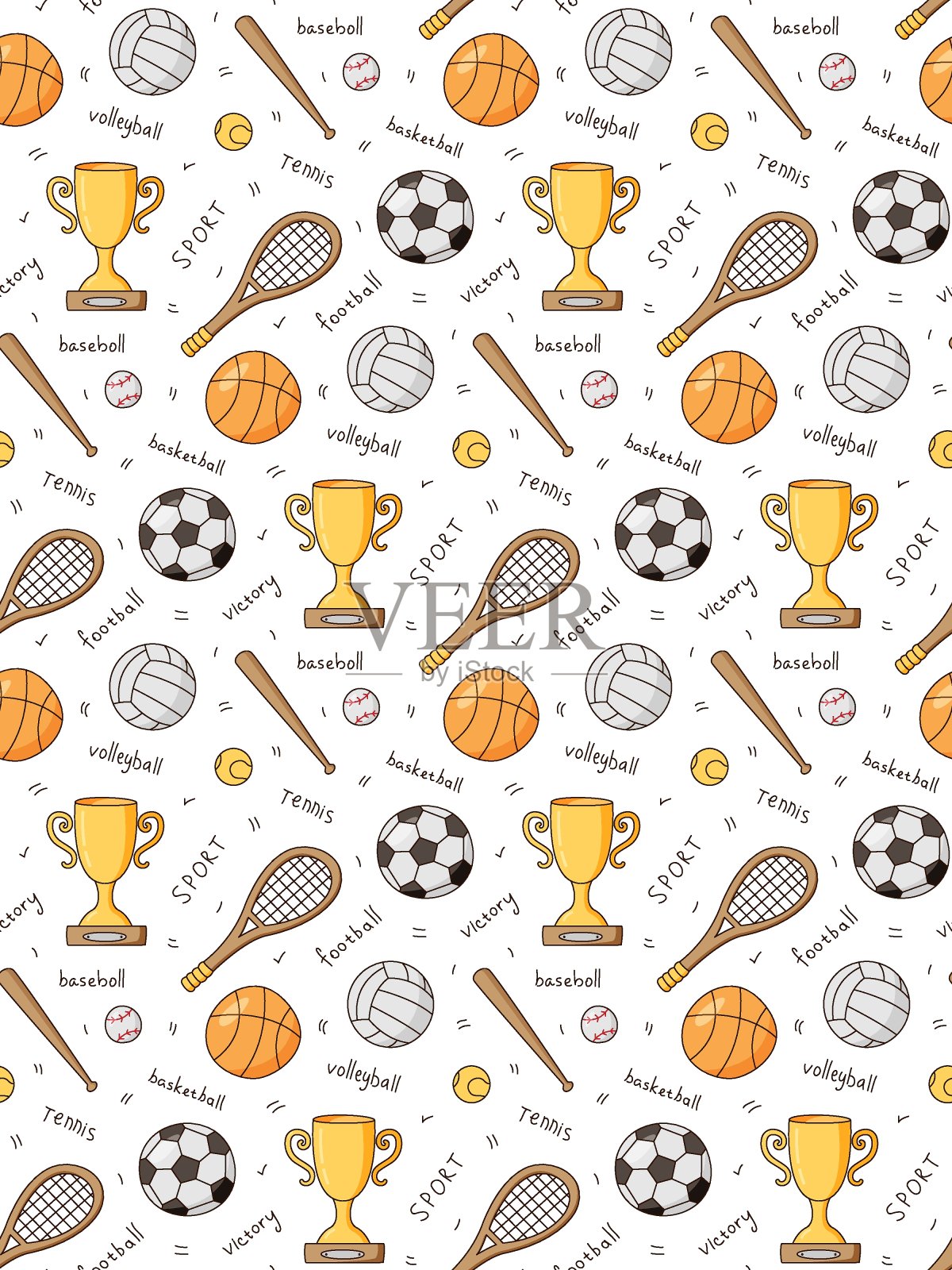 运动器材无缝重复模式。学校的功课。球、球拍、奖品等。彩色独立插图在卡通风格上的一个白色。插画图片素材