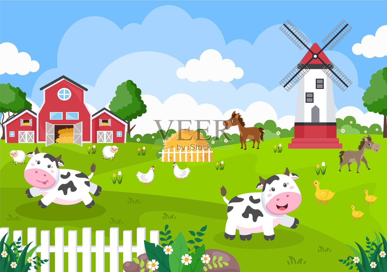 可爱的卡通农场动物，奶牛，马，鸡插画图片素材