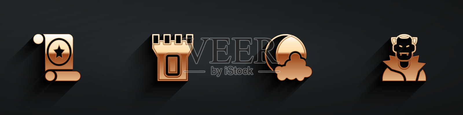 集魔法卷轴，城堡，塔，月亮和星星图标素材