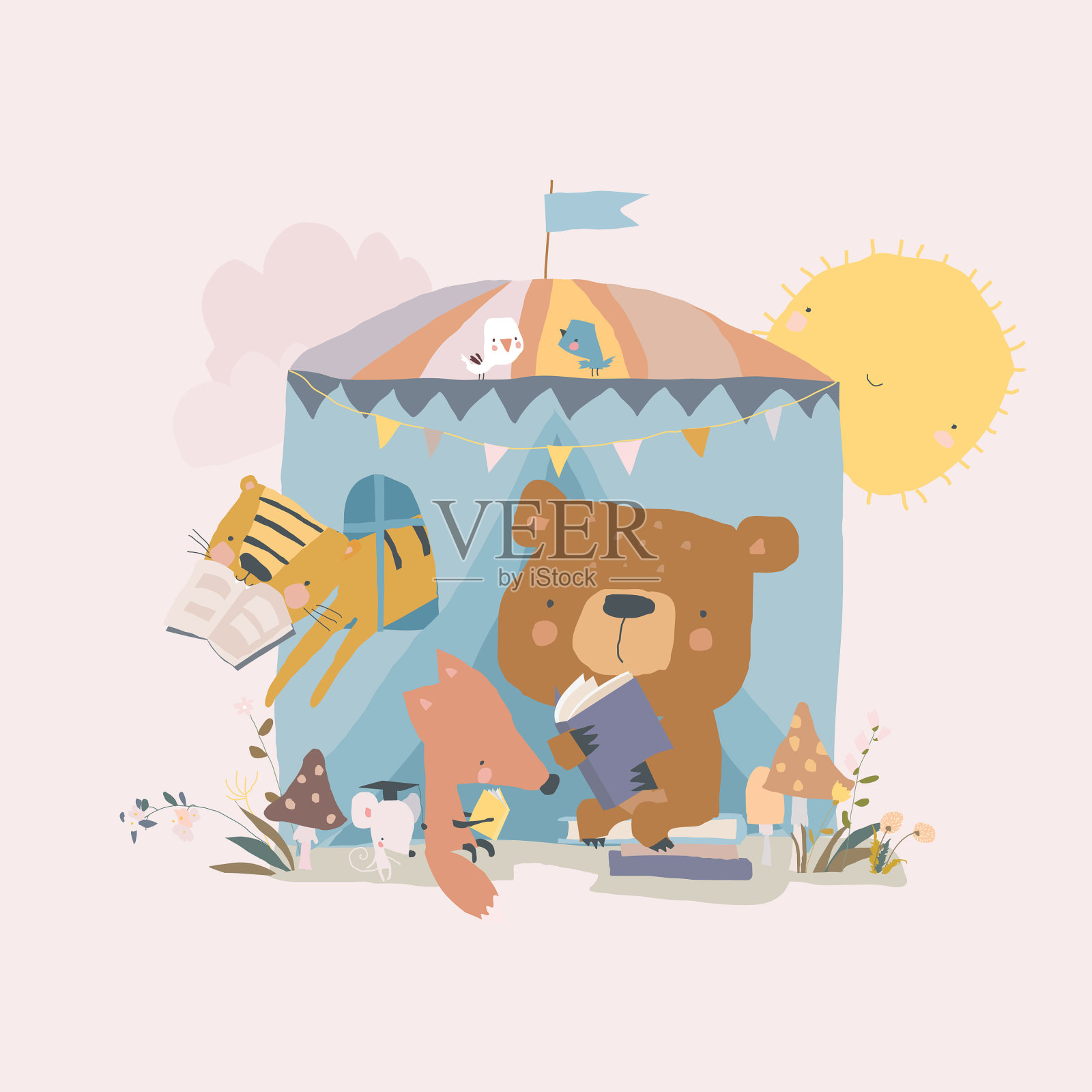 可爱的卡通动物在帐篷里看书插画图片素材