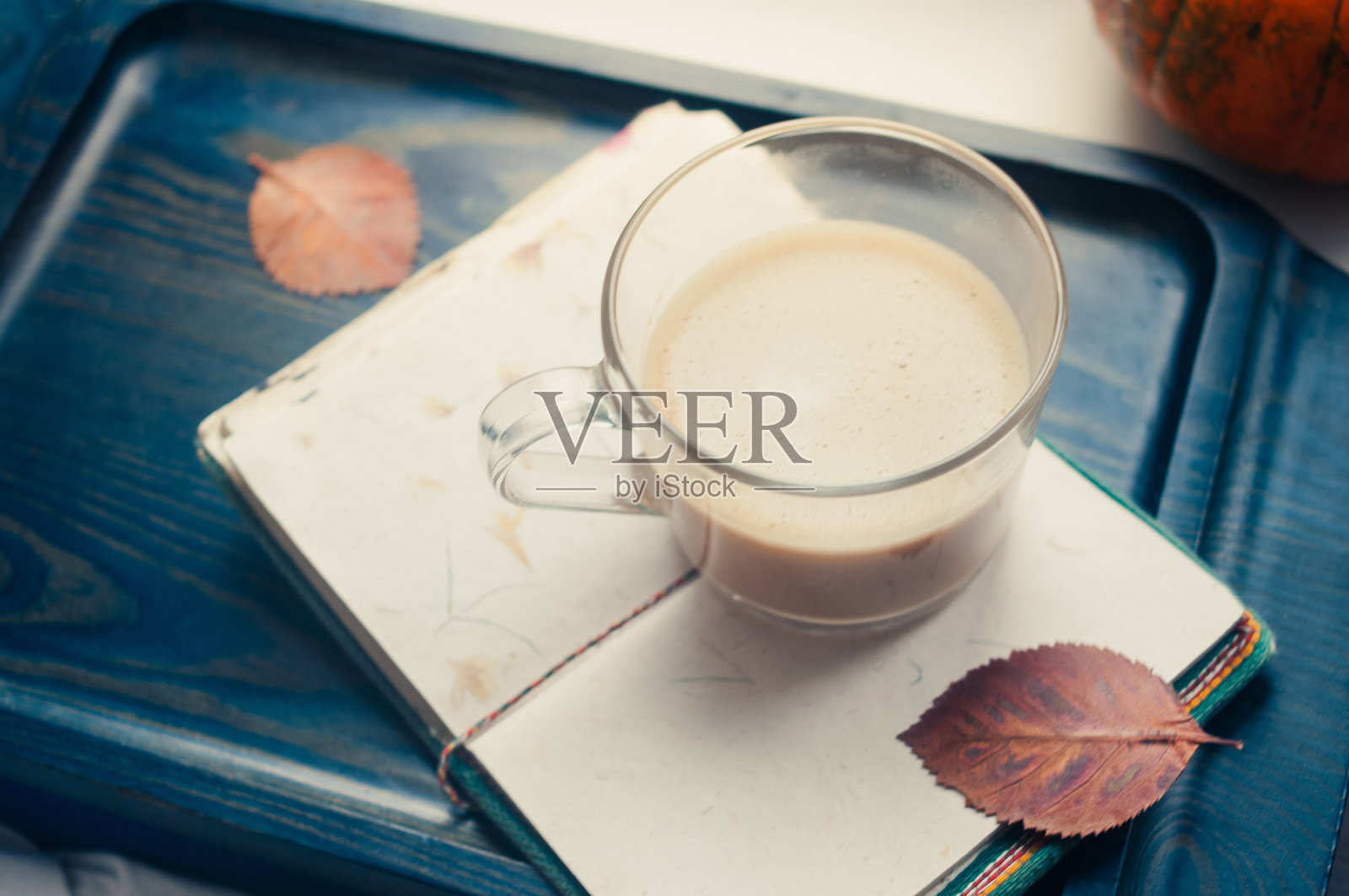 一个南瓜南瓜和一杯拿铁咖啡与植物燕麦大豆或杏仁牛奶与空白记事本笔记本在桌子上深蓝色纹理复制空间背景概念工作概念照片摄影图片