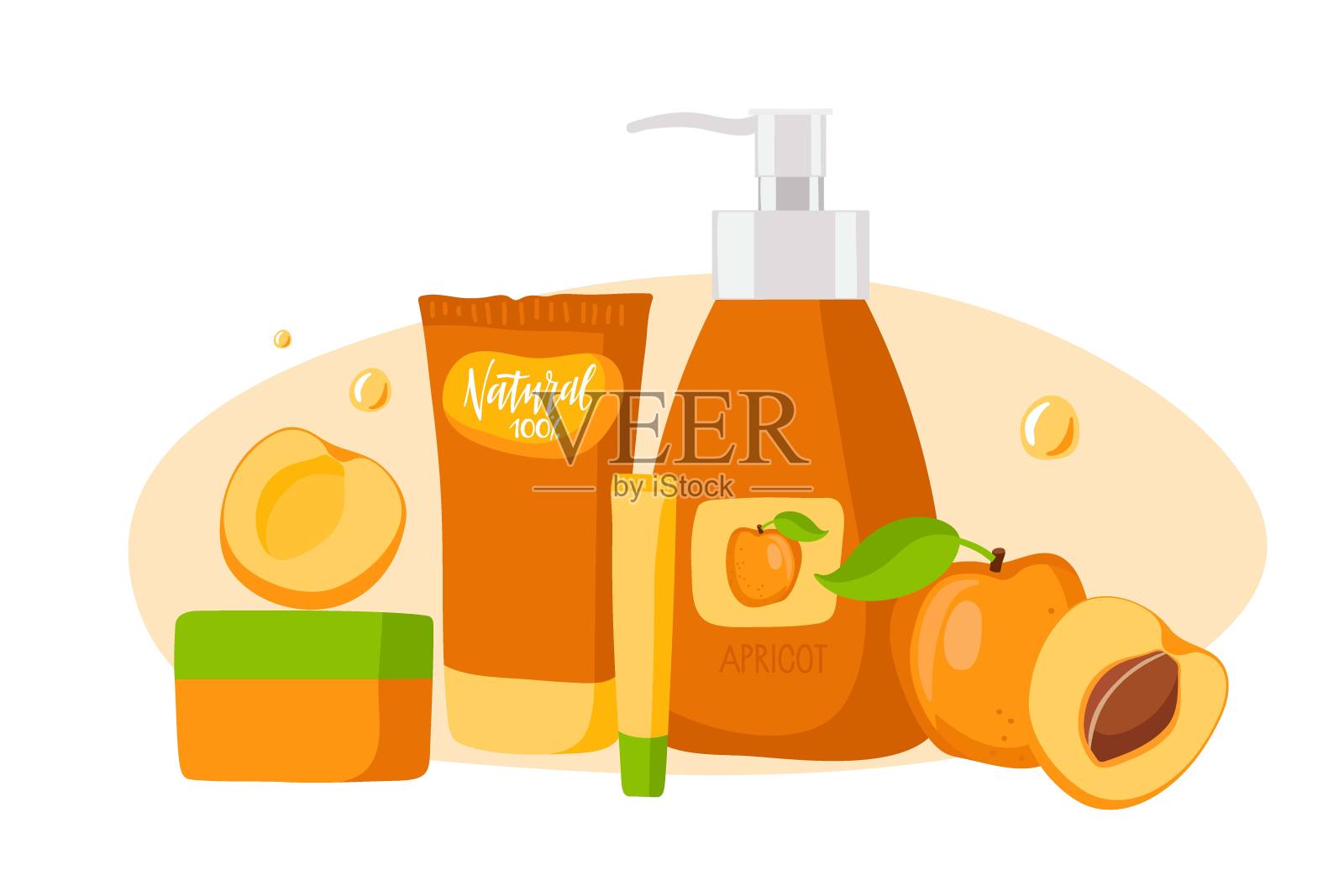 杏化妆品。成熟的杏子，整只或切片，奶油或磨砂，洗发水或洗液罐和管。身体、面部皮肤、头发护理。包装设计、广告海报。卡通矢量插图。插画图片素材