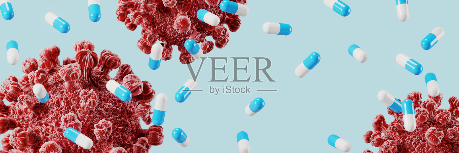 冠状病毒COVID-19和胶囊药丸蓝色背景，3d渲染照片摄影图片