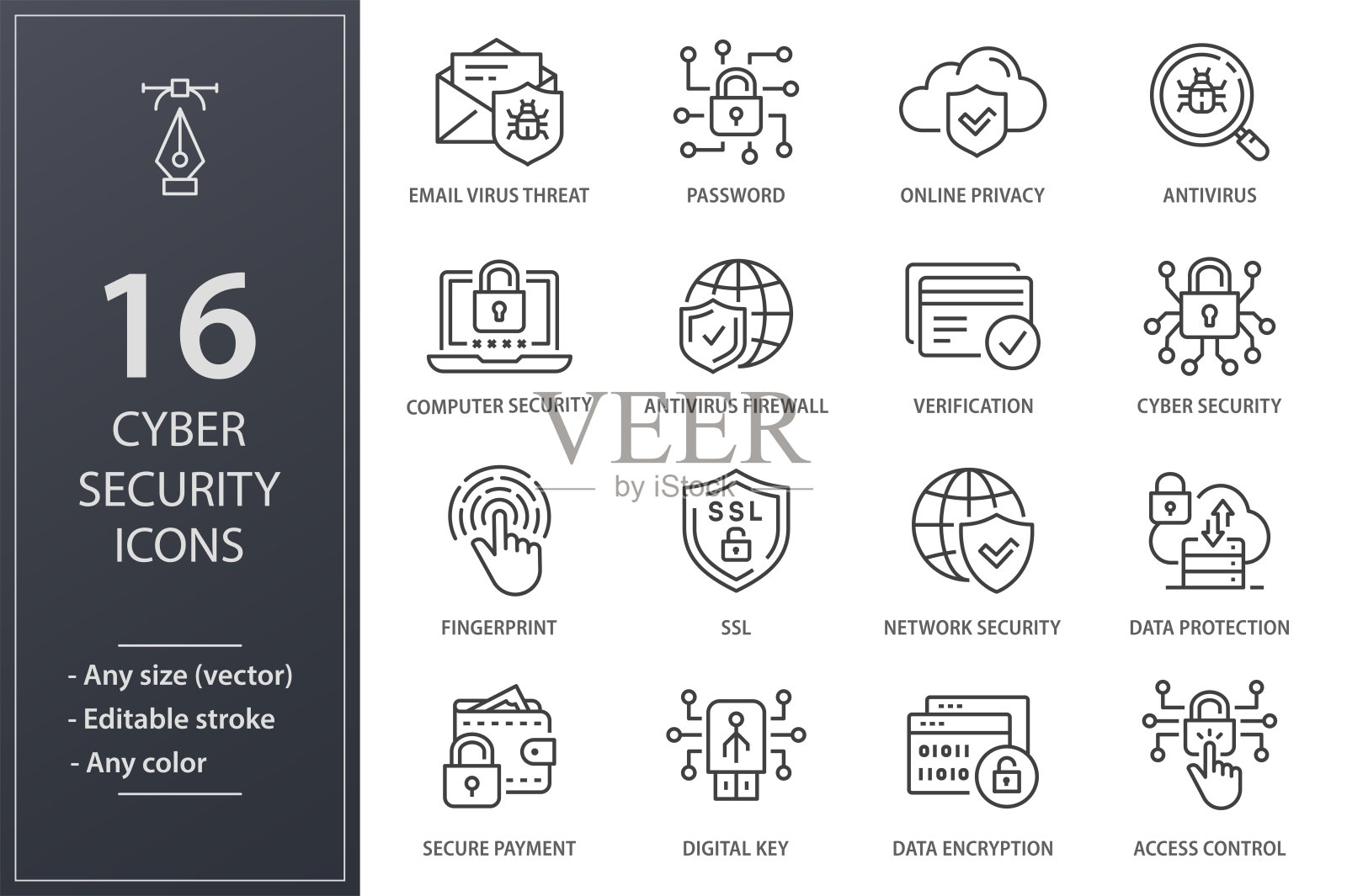 网络安全线路图标设置。黑色的矢量图。可编辑的中风。插画图片素材