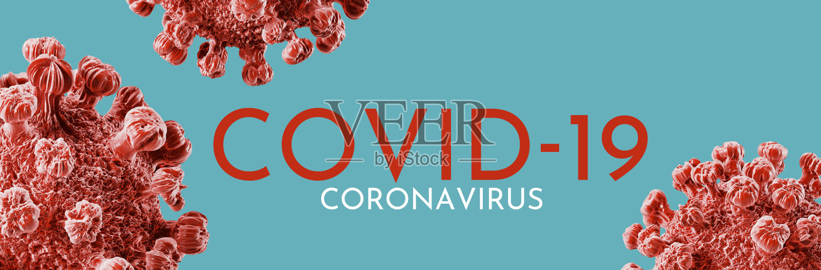 红色“COVID-19冠状病毒”字母和蓝色背景上的COVID-19病毒，3d渲染照片摄影图片